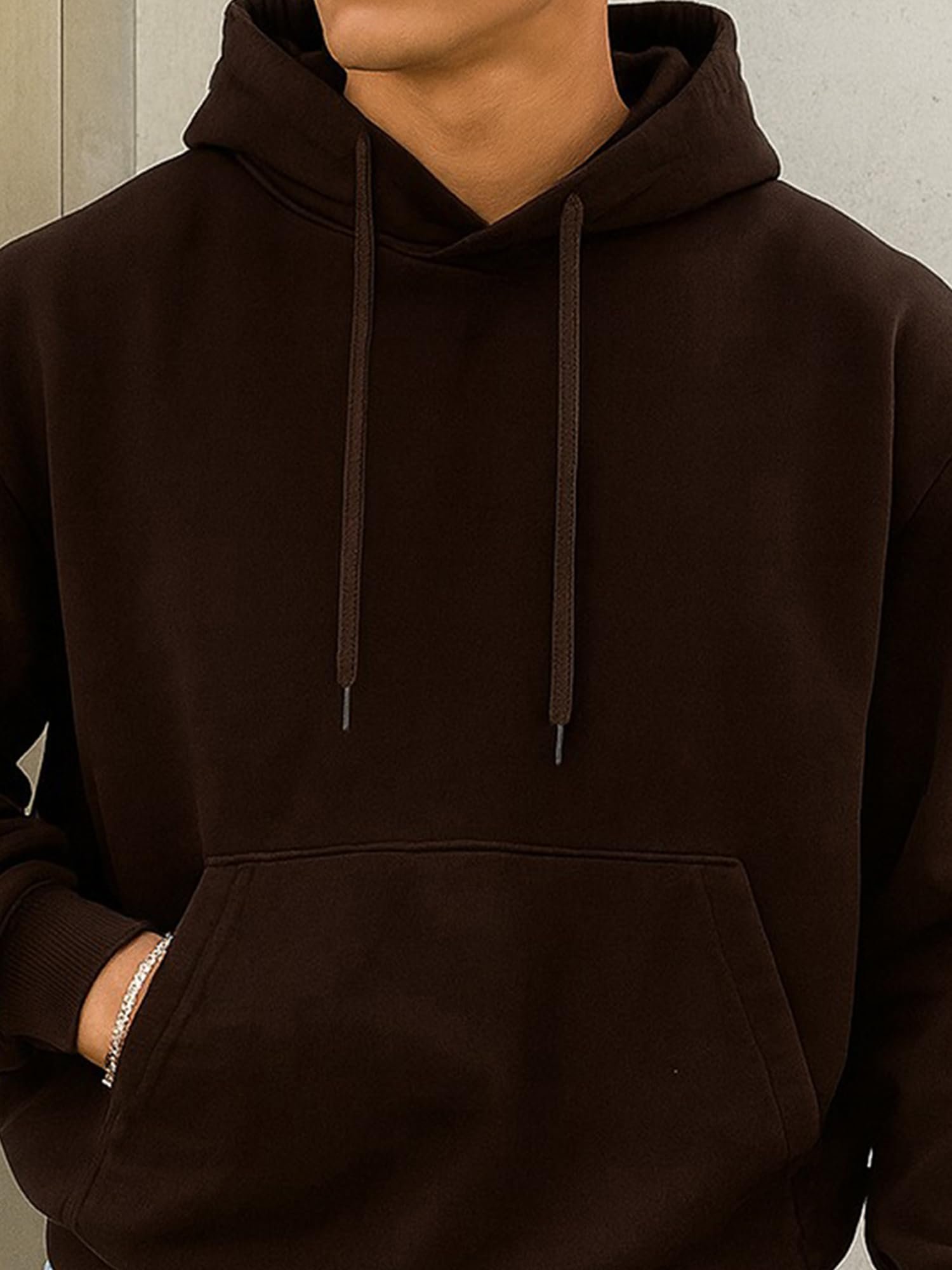 Mens Solid Hooded Neck Full Sleeve Coffee Brown LoopKnit Sweatshirt - Image 5