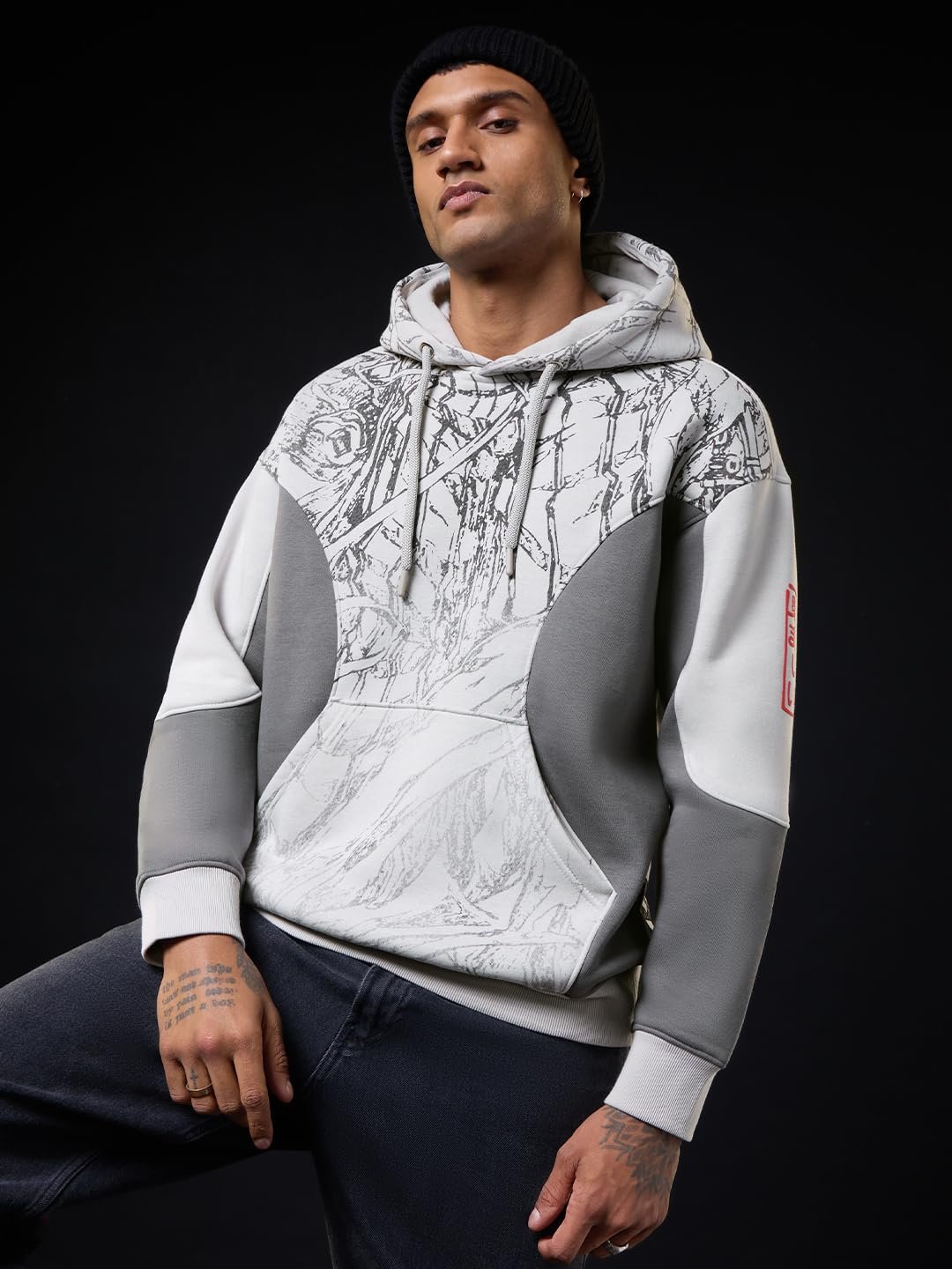 Ronin Men and Boys Full Sleeves Hooded Neck Grey Graphic Printed Cotton Blend Drop Shoulder Streetwear Trendy Premium Fleece Print Oversized Hoodie - Image 3