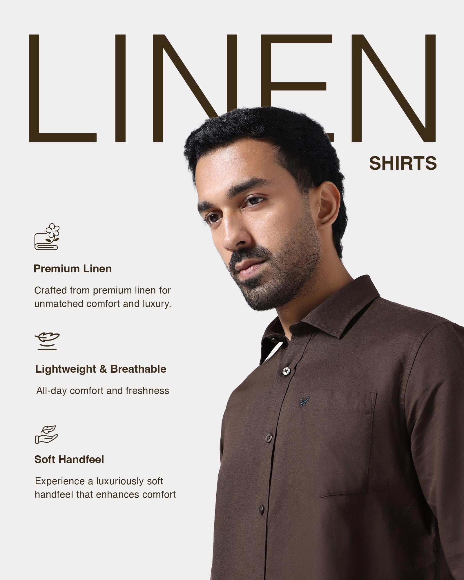 Men's Linen Blend Solid Dark-Brown Slim-Fit Casual Shirts - Image 4