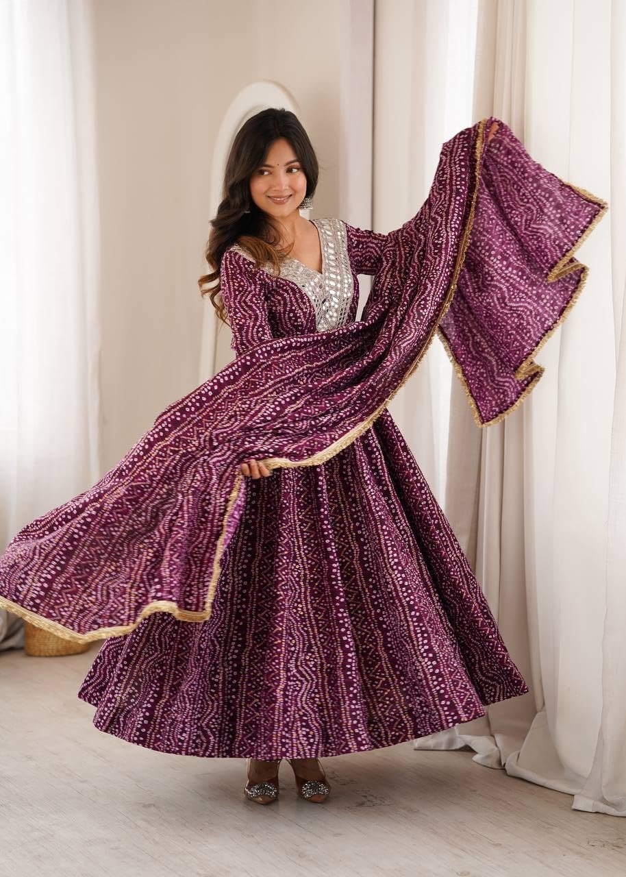 Women's Mirror Embroidered Anarkali Gown Set with Dupatta Kurta Pant Set This Wedding Season Our NEW Mirror EMBROIDERYED Gown Pair Purple - Image 9