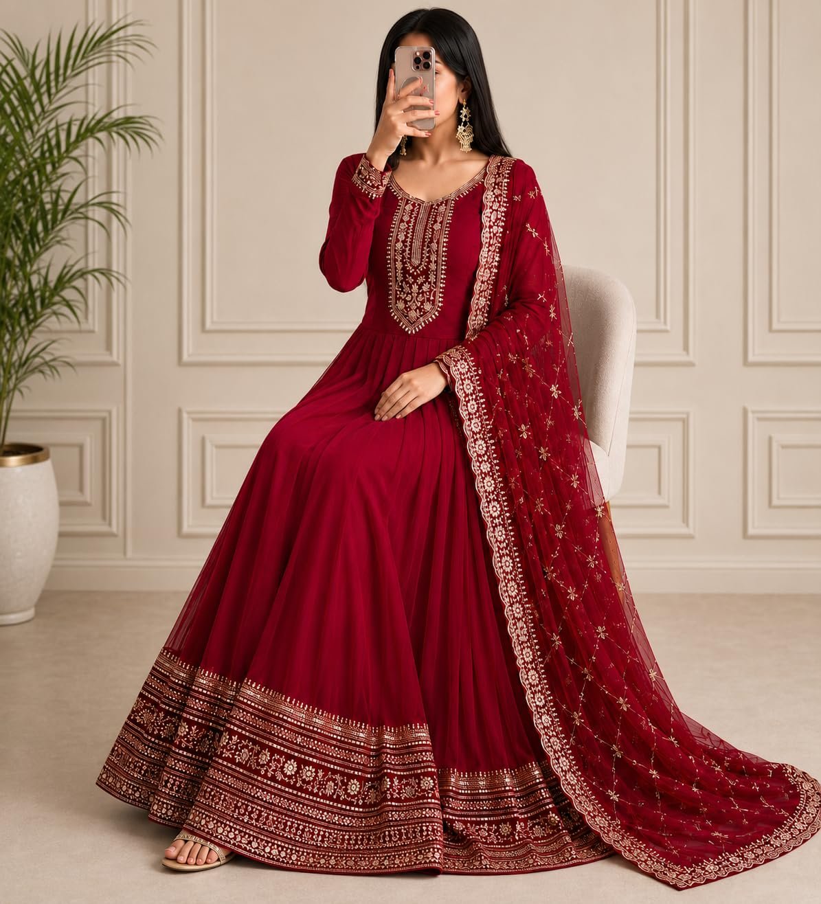 Miss Ethnic Hub's Red Color Traditional Anarkali Gown with Dupatta, Golden Zari Embroidered, Long Sleeves, Women (in, Alpha, Regular, Red) - Image 4