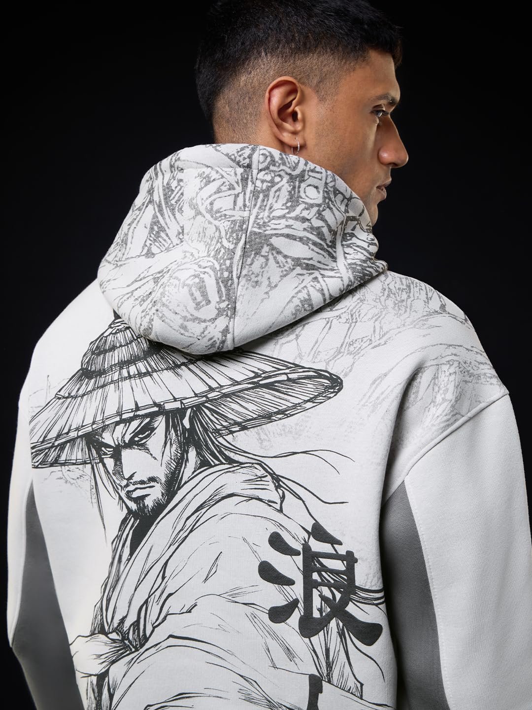 Ronin Men and Boys Full Sleeves Hooded Neck Grey Graphic Printed Cotton Blend Drop Shoulder Streetwear Trendy Premium Fleece Print Oversized Hoodie - Image 4