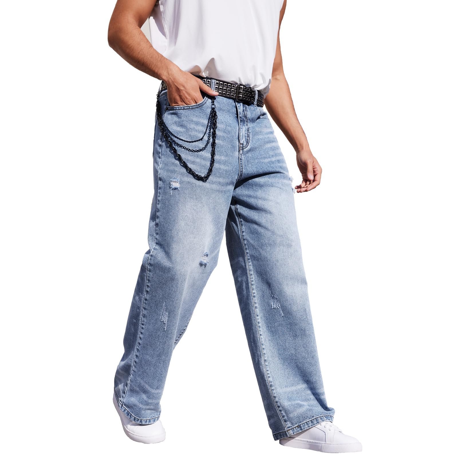 Men’s JNCO Baggy Jeans Y2K Vintage Ripped Wide Leg Distressed Denim Pants Skater Jean Hip Hop Streetwear Loose Fit, Light Blue, Medium
