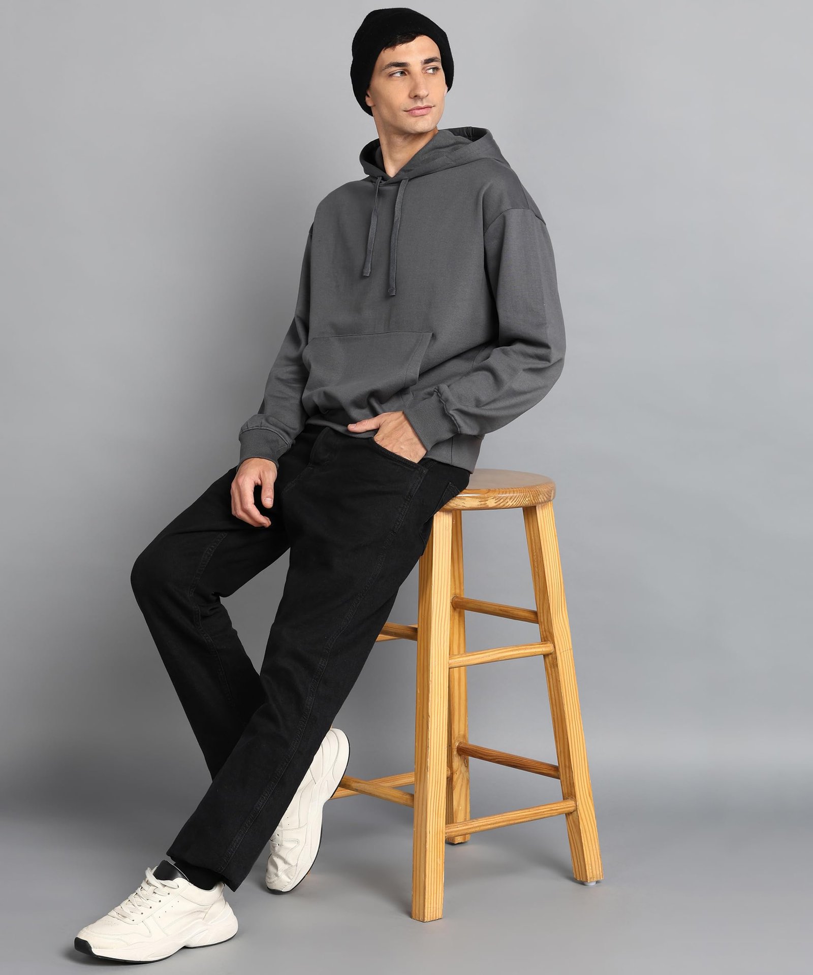 Men’s Solid Oversized Hoodie | Cotton Blend Pullover with Kangaroo Pocket & Adjustable Hood | Casual Winter Wear (Anthracite Grey)