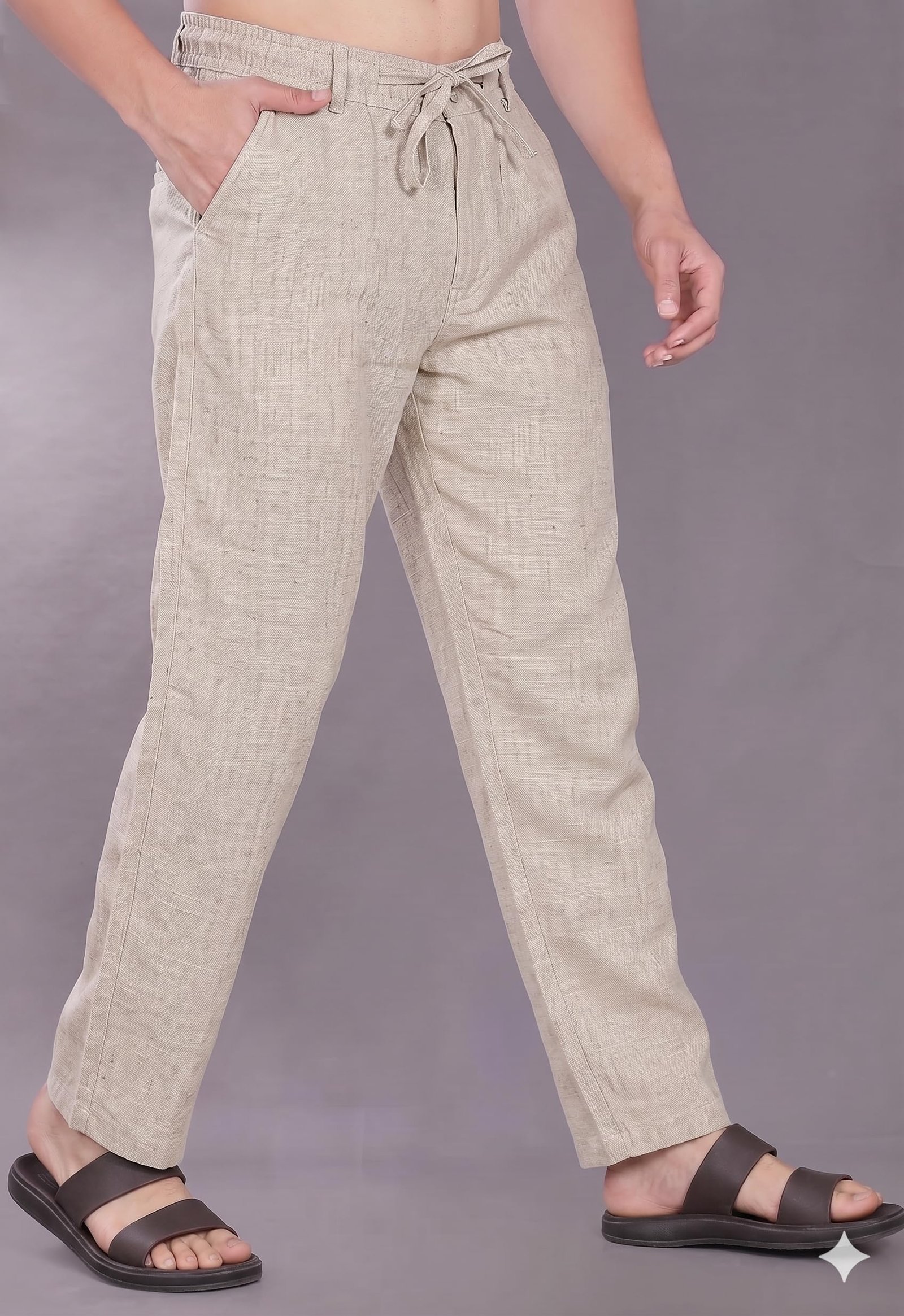 Men’s Solid Beige Casual Cotton Linen Blend Drawstring Trousers | Relaxed Fit Straight Pants (in, Alpha, XL, Regular)