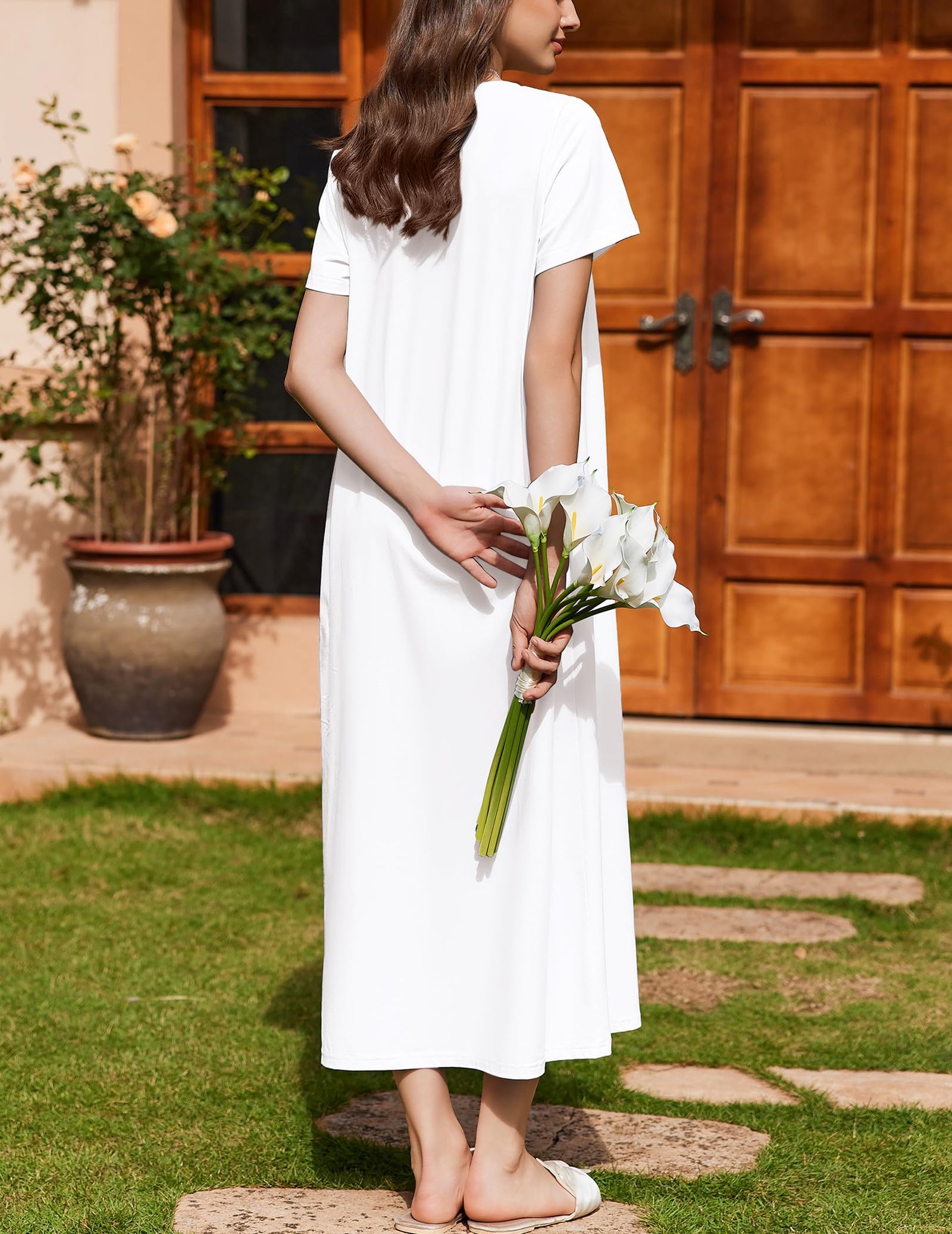Nightgowns for Women Cotton Long Night Gown Short Sleeve Nightdress, White, XX-Large - Image 4