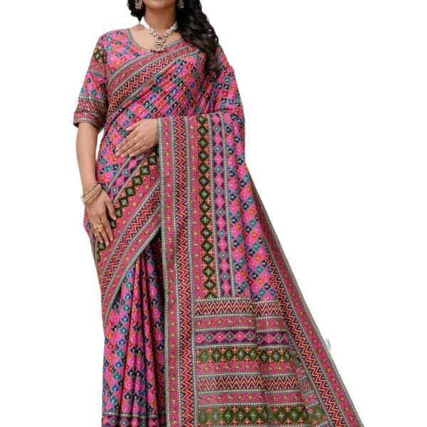 Women's Heavy Embroidered Silk Saree with Stitched Blouse
