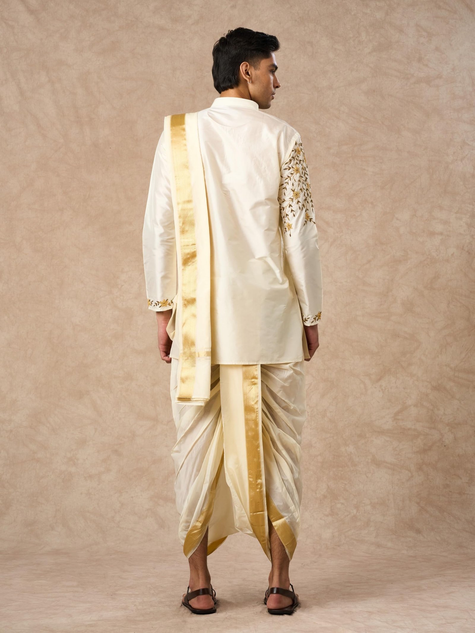 Men's Embroidered & Sequinned Kurta Dhoti Dupatta Set (Cream) - Image 4