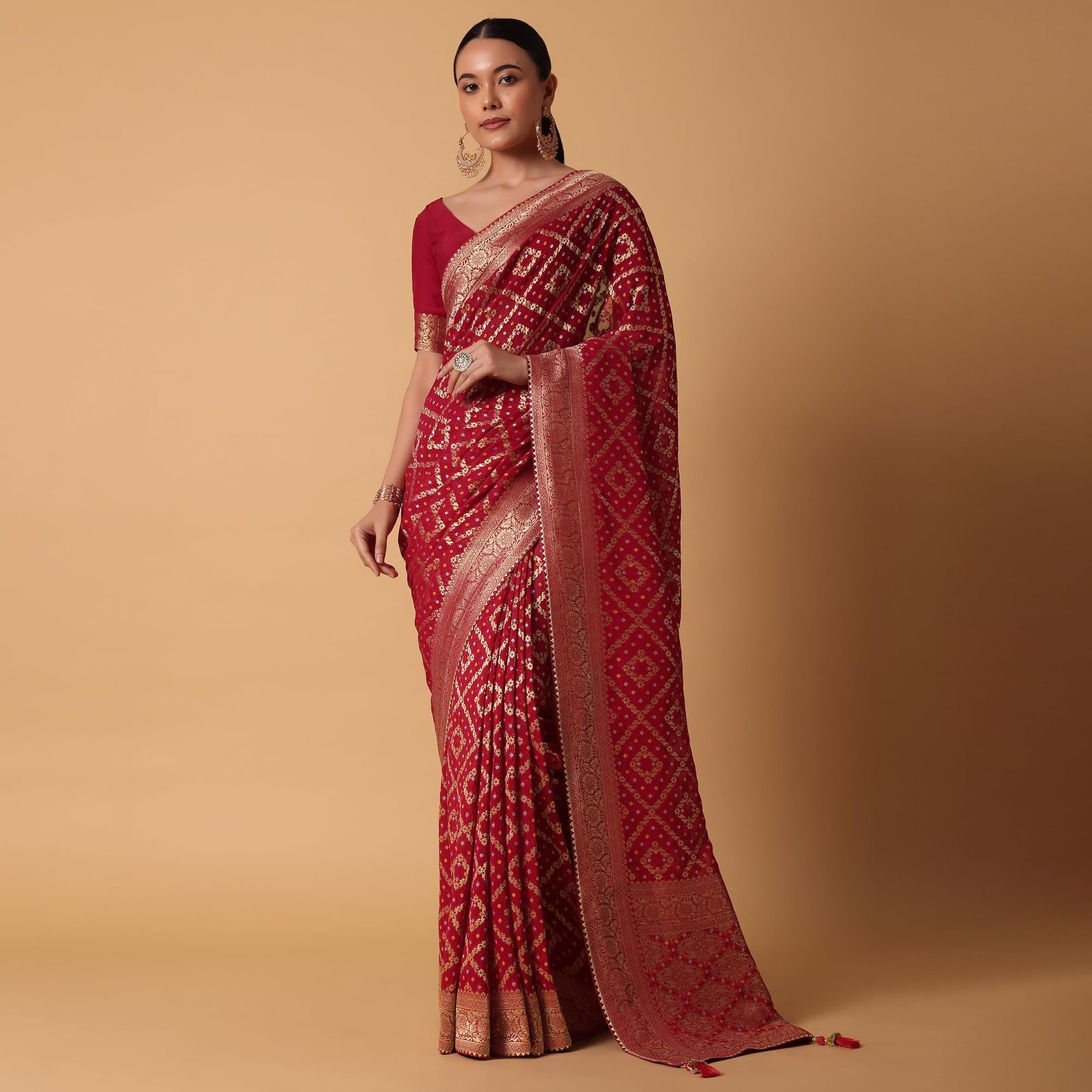 Fashion Red Banarasi Georgette Saree With Bandhani Weave And Unstitched Blouse Piece Georgette sarees for women Traditional Ethnic Wear Fashion Wear Wedding Collection - Image 4