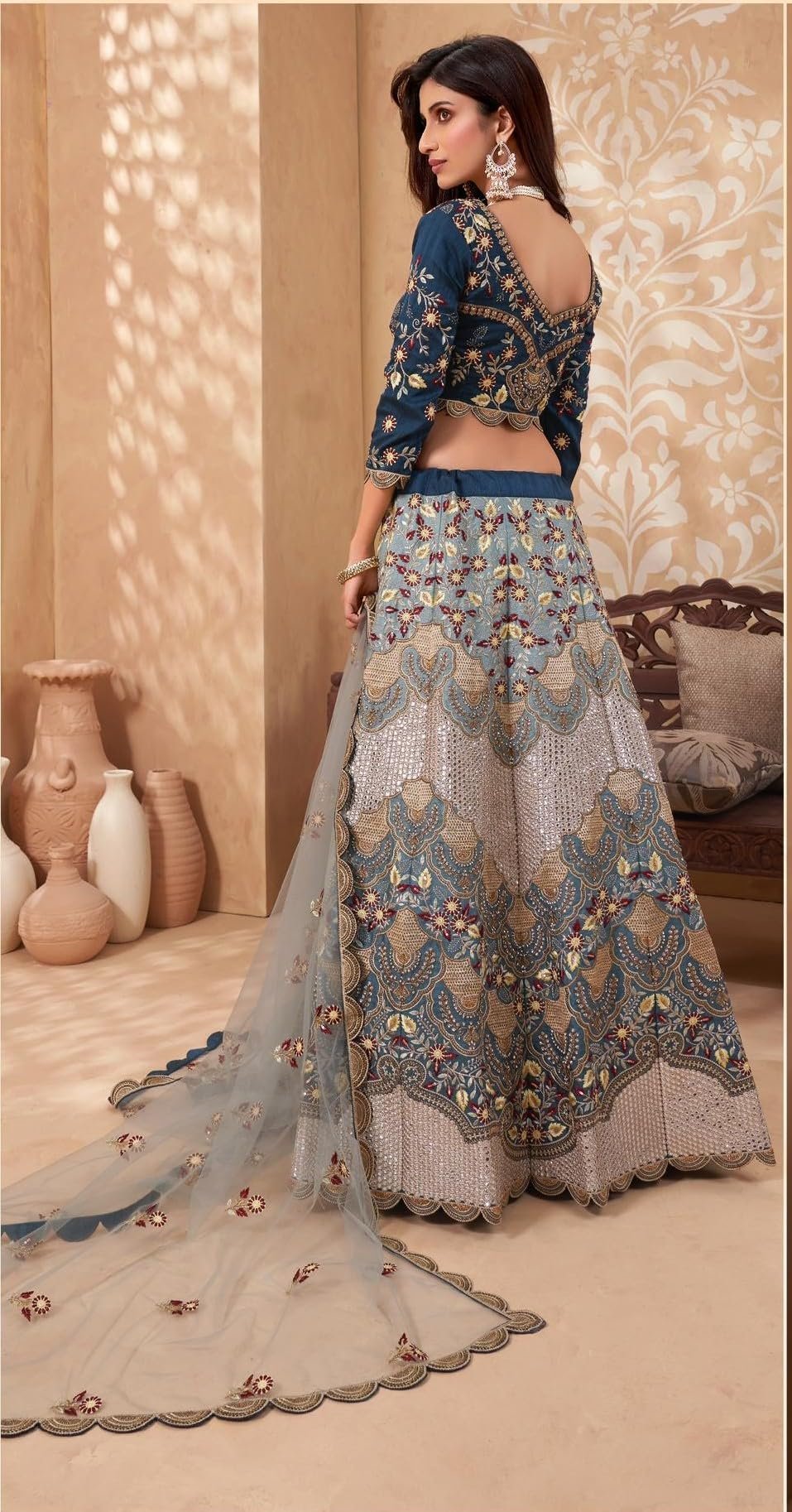 Designer Lehenga Choli with Net Dupatta, Blue and Grey Embroidered, Traditional dress for women and girls
