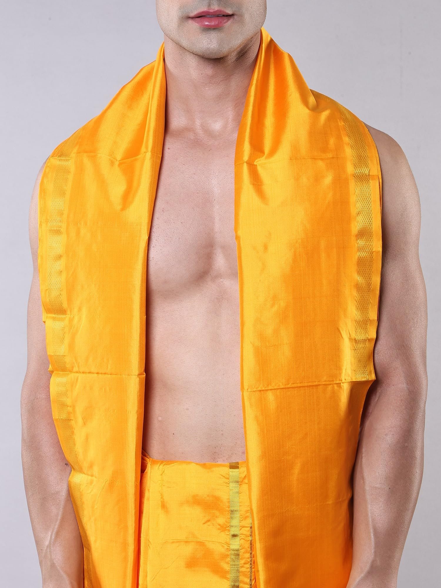 Pure Silk Dhoti Angavastram Set with Golden Thread Woven Border | Men's Dhoti Angvastram Festive Wedding Wear - Image 6