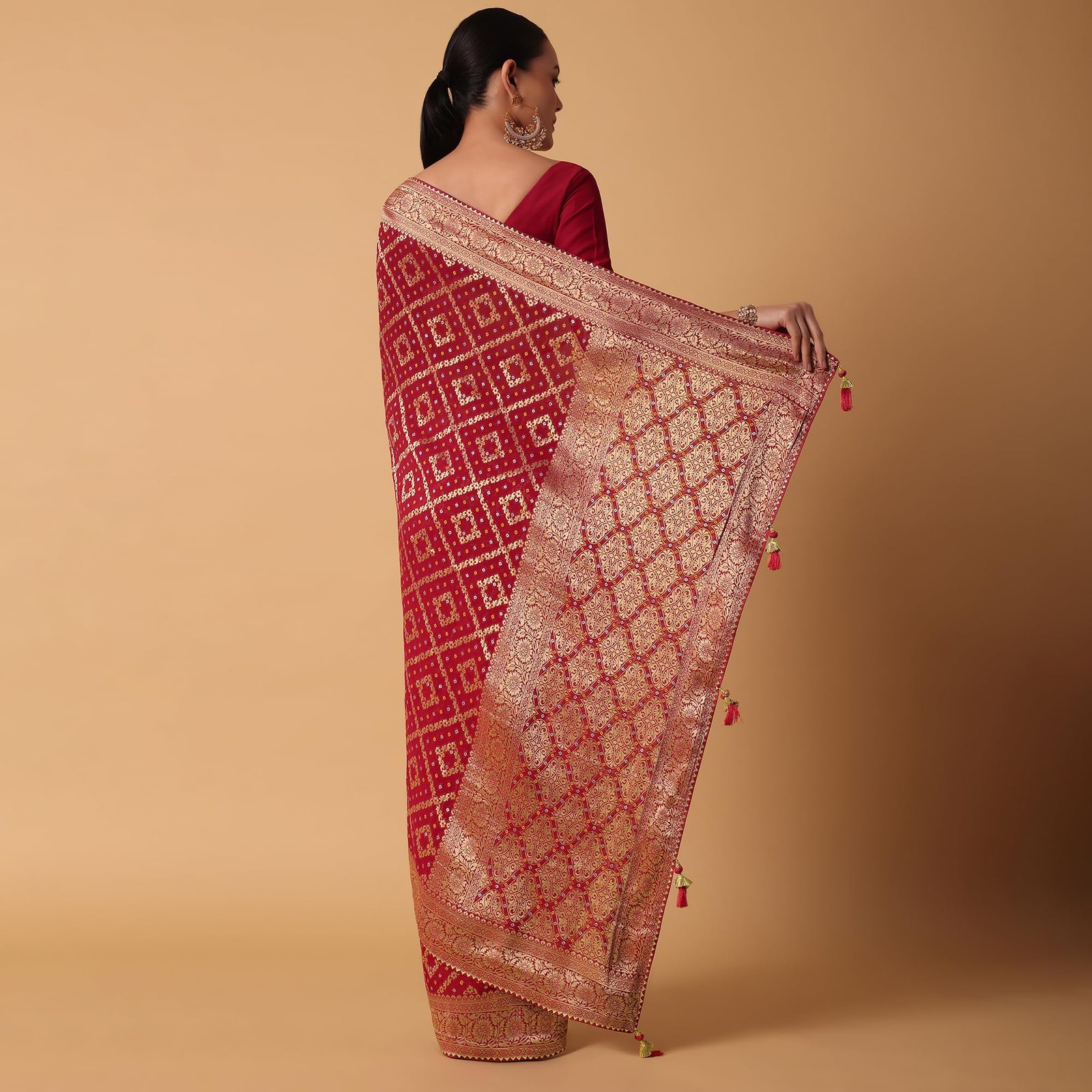 Fashion Red Banarasi Georgette Saree With Bandhani Weave And Unstitched Blouse Piece Georgette sarees for women Traditional Ethnic Wear Fashion Wear Wedding Collection - Image 3