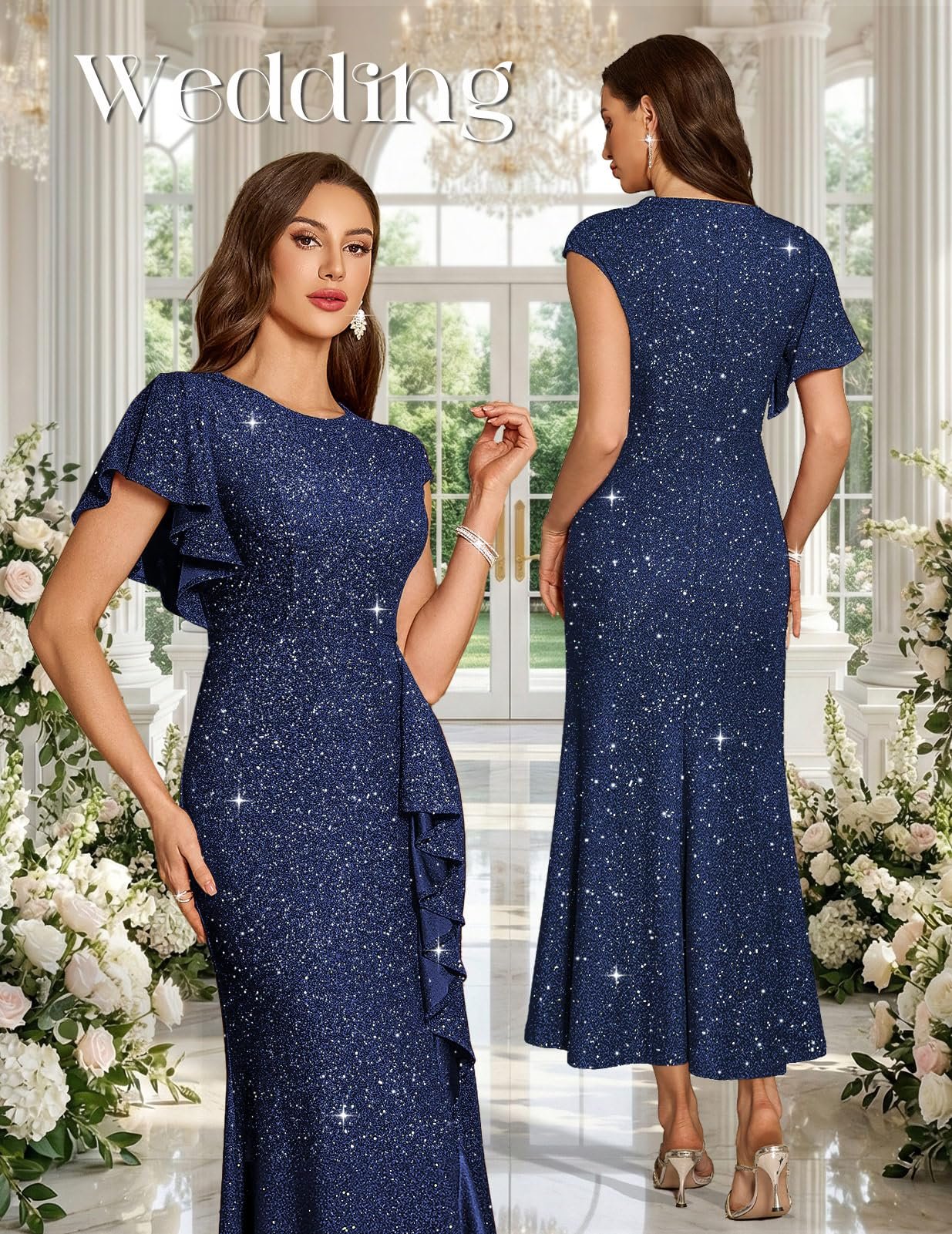 Sequin Formal Wedding Guest Cocktail Party Dress for Women, Navy, Large