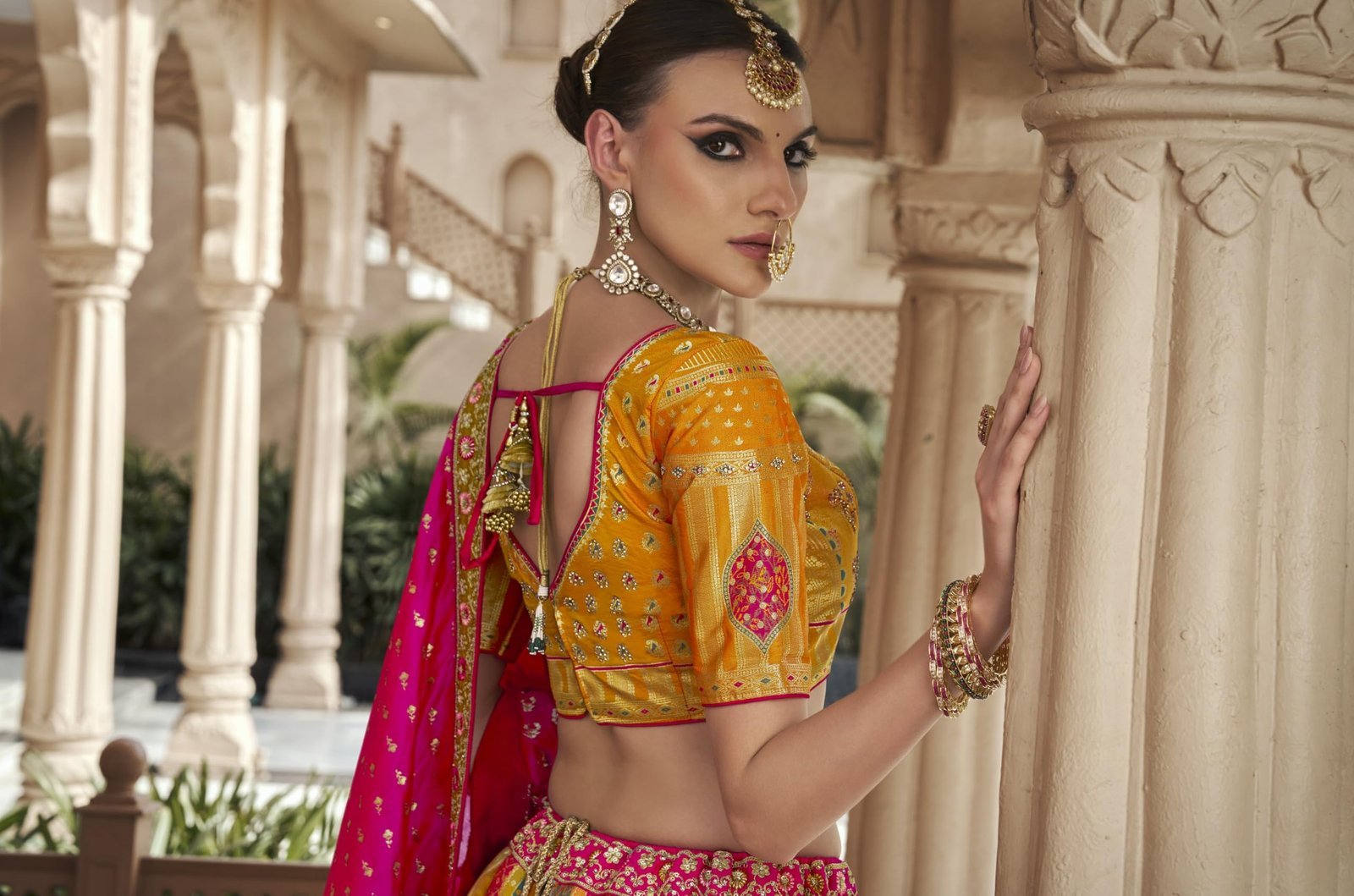 Designer Bridal Lehenga Choli Set, Yellow and Pink, Embroidered with Kundan Work