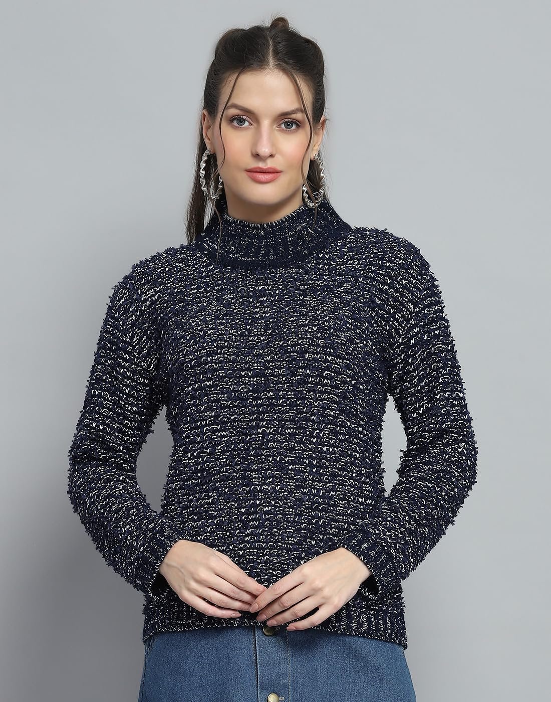 Womens Self Design Navy Blue Mock Neck Full Sleeve Top