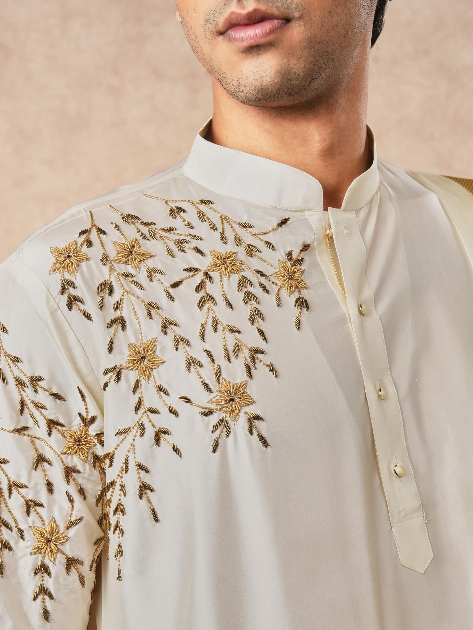 Men's Embroidered & Sequinned Kurta Dhoti Dupatta Set (Cream) - Image 3