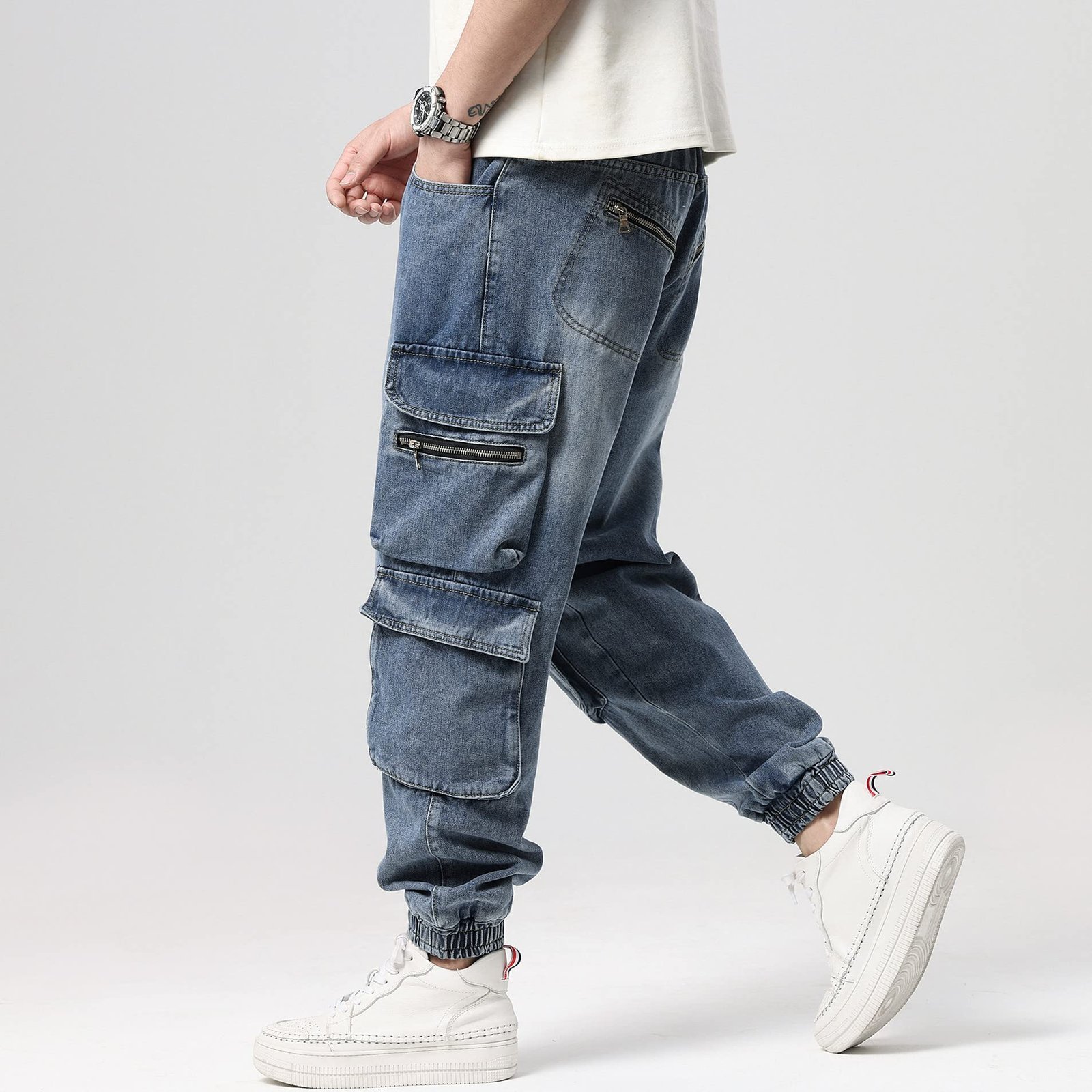 CHROES® Men’s Casual Loose Workwear Denim Multi Pockets Cargo Pants Biker Jeans Overalls |H Blue |XL