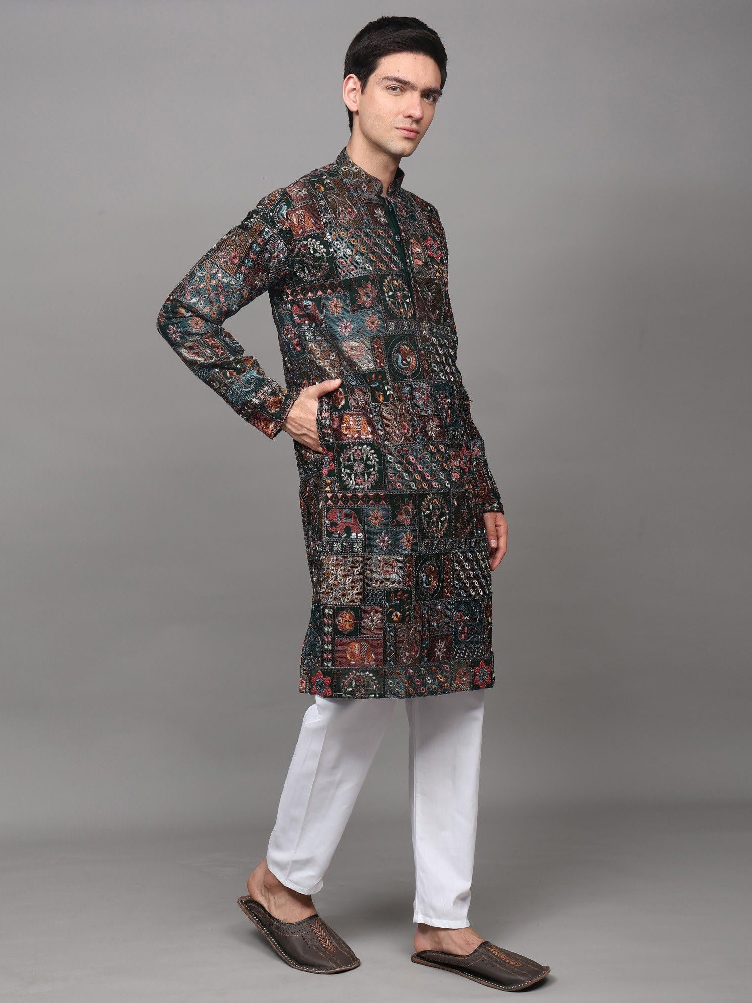Multicolor Thread Embroidered Floral Motifs and Sequins work Georgette Kurta with Cotton Pajama | Ethnic Party Wear Kurta Pajama Combo Set for Men