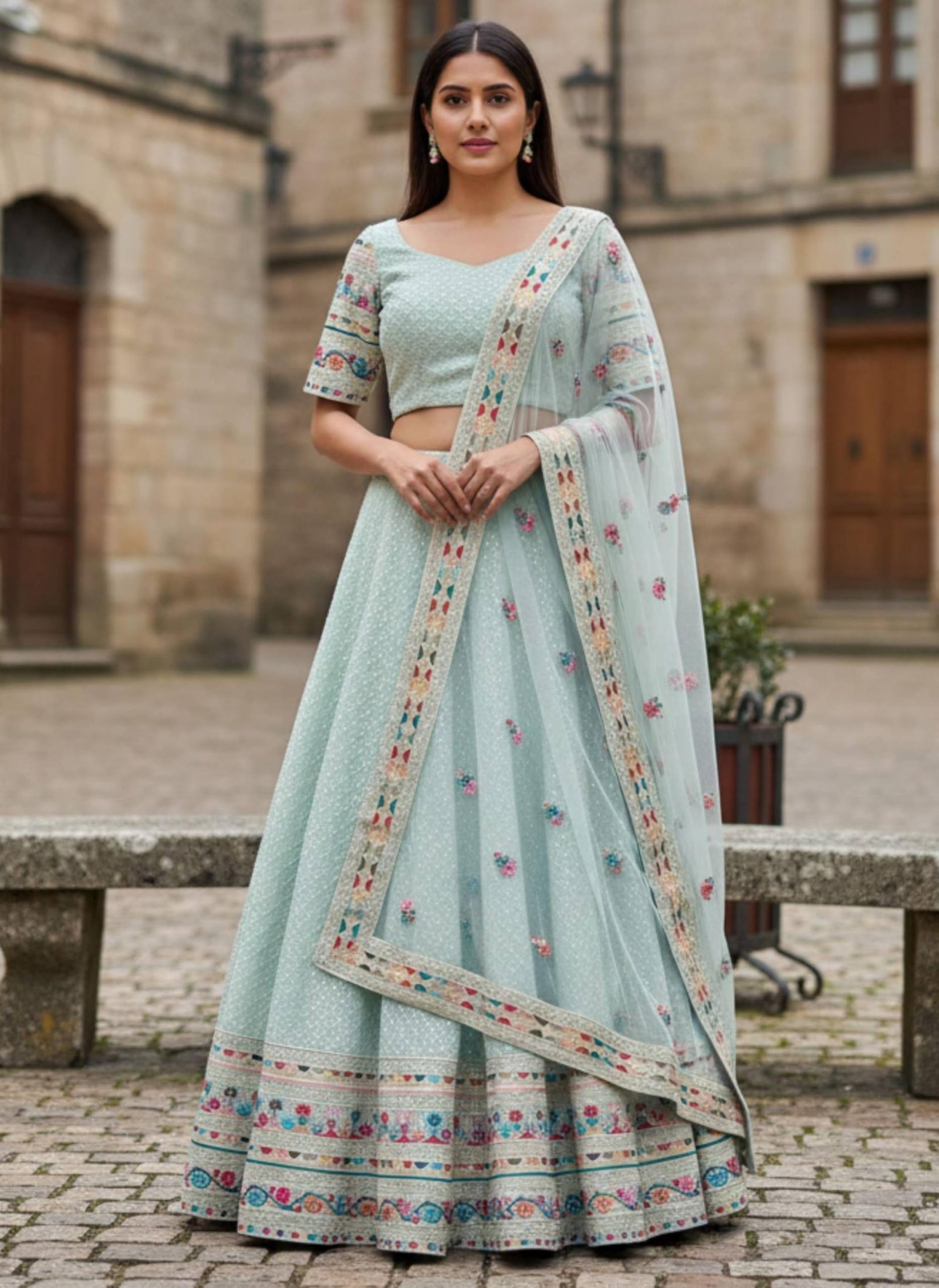 SKY Blue Multi Thread Work Semi Sttiched Lehenga Choli With Dupatta Set For Wedding