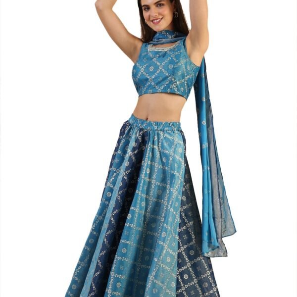 Blue Printed Zari Embroidered Crop Top, Brocade Flared Skirt and Dupatta Set (Size: M)-24AUAS15510-508889