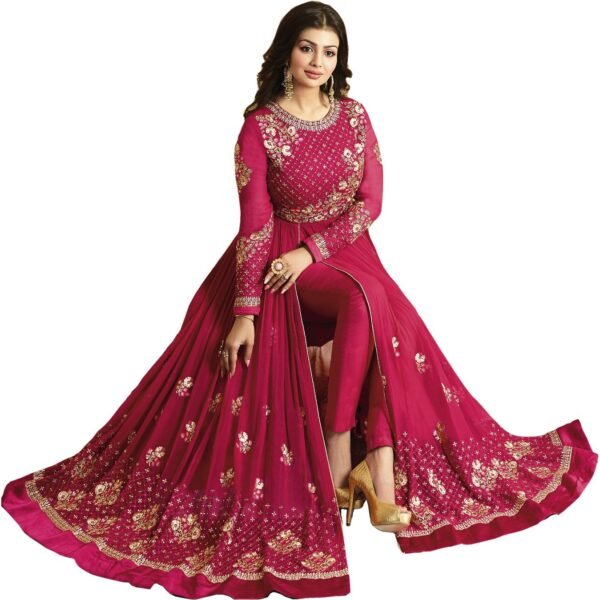 ® Women's Silk Semi Stitched Anarkali Salwar Suit (wedding dress and salwar suit_SF201-19no Maroon1 Free Size) (Pink)