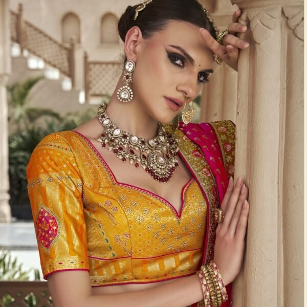 Designer Bridal Lehenga Choli Set, Yellow and Pink, Embroidered with Kundan Work