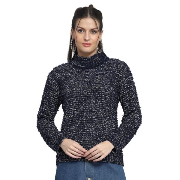 Womens Self Design Navy Blue Mock Neck Full Sleeve Top