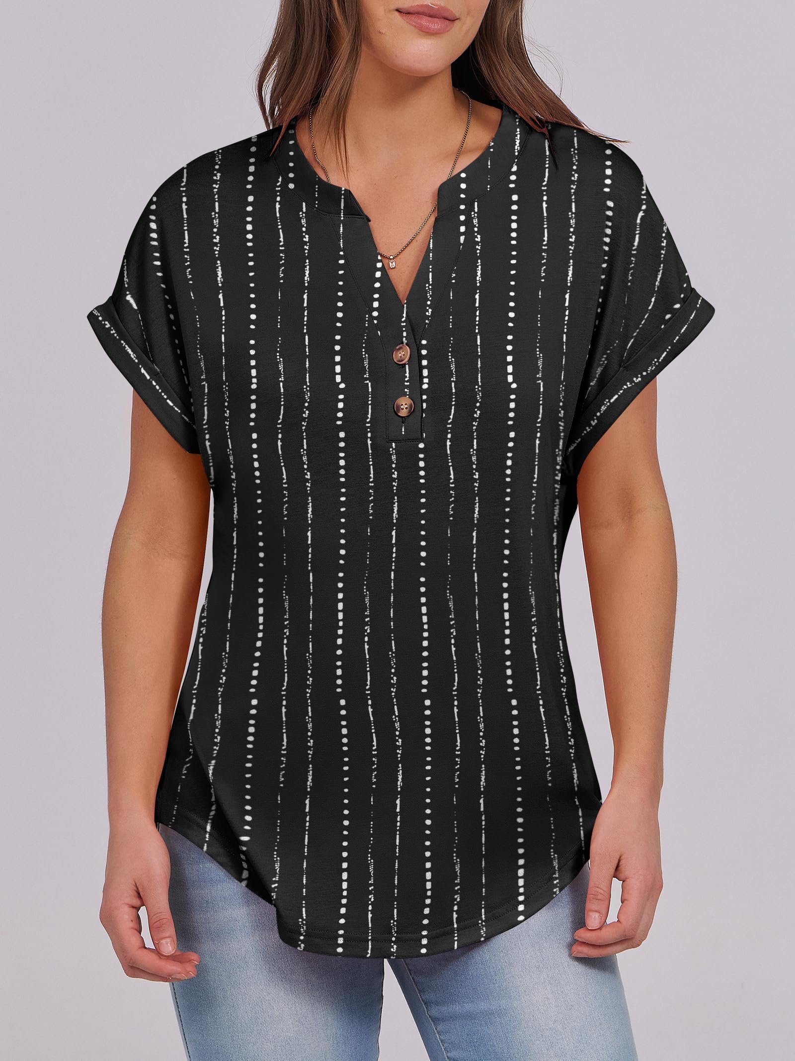 Womens Short Sleeve Henley Tops V Neck Dressy Casual Blouses Summer Trendy Tee Shirts 2026 Vacation Fashion Clothes, White Black Strip, X-Large