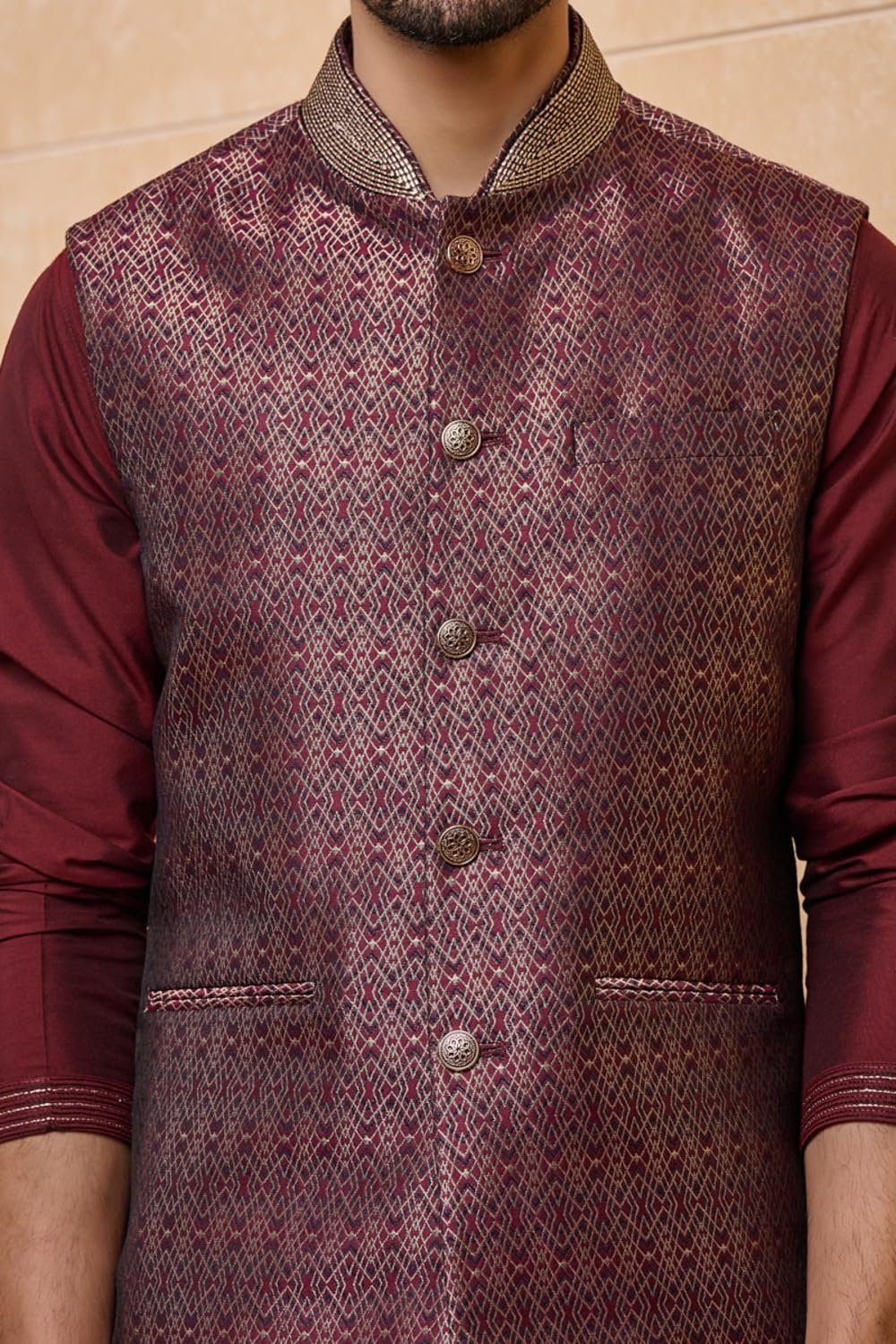 Wine Brocade Kurta Bundi Set | ETHNIC WEAR | Wine | L