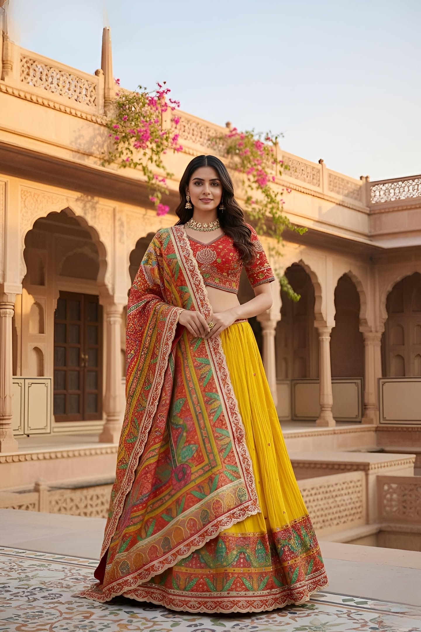 Women’s Lehenga Choli Set, Yellow and Red, Embroidered Silk, 3-Piece Outfit