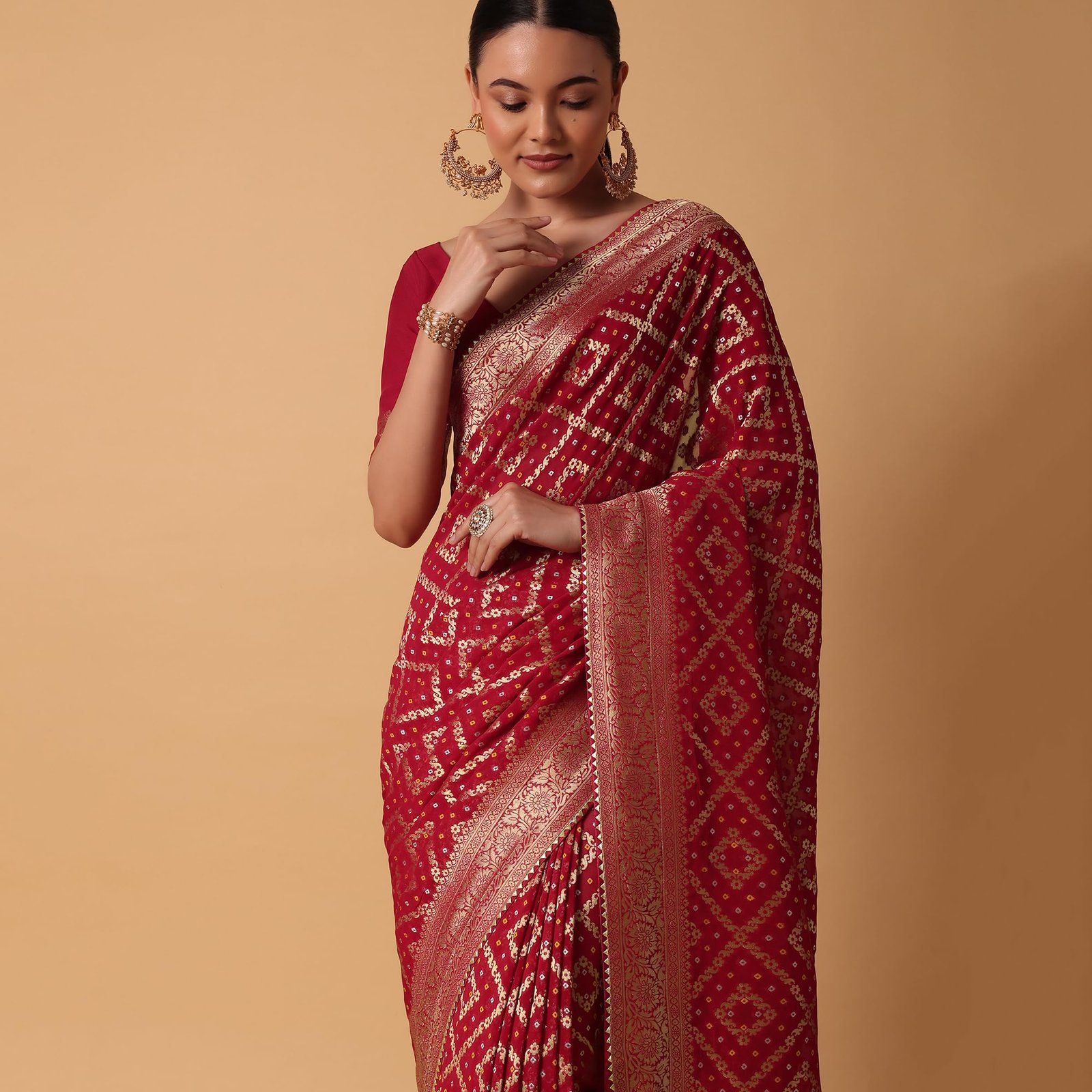 Fashion Red Banarasi Georgette Saree With Bandhani Weave And Unstitched Blouse Piece Georgette sarees for women Traditional Ethnic Wear Fashion Wear Wedding Collection