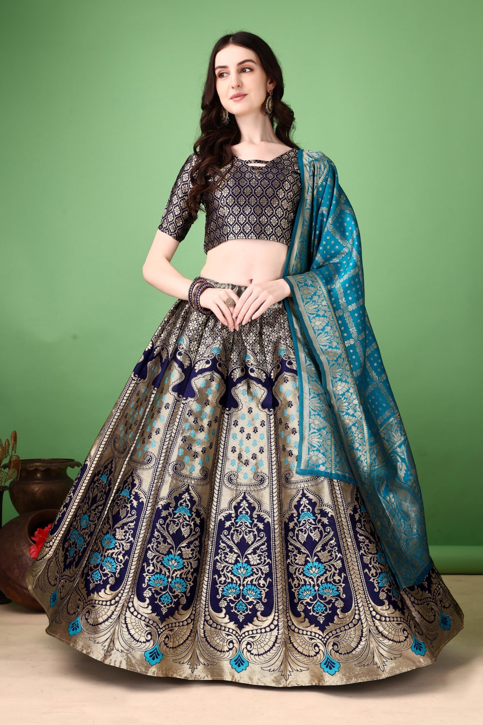 Women’s Jacquard Art Silk Banarasi Lehenga Choli Set with Dupatta (Navi Blue)