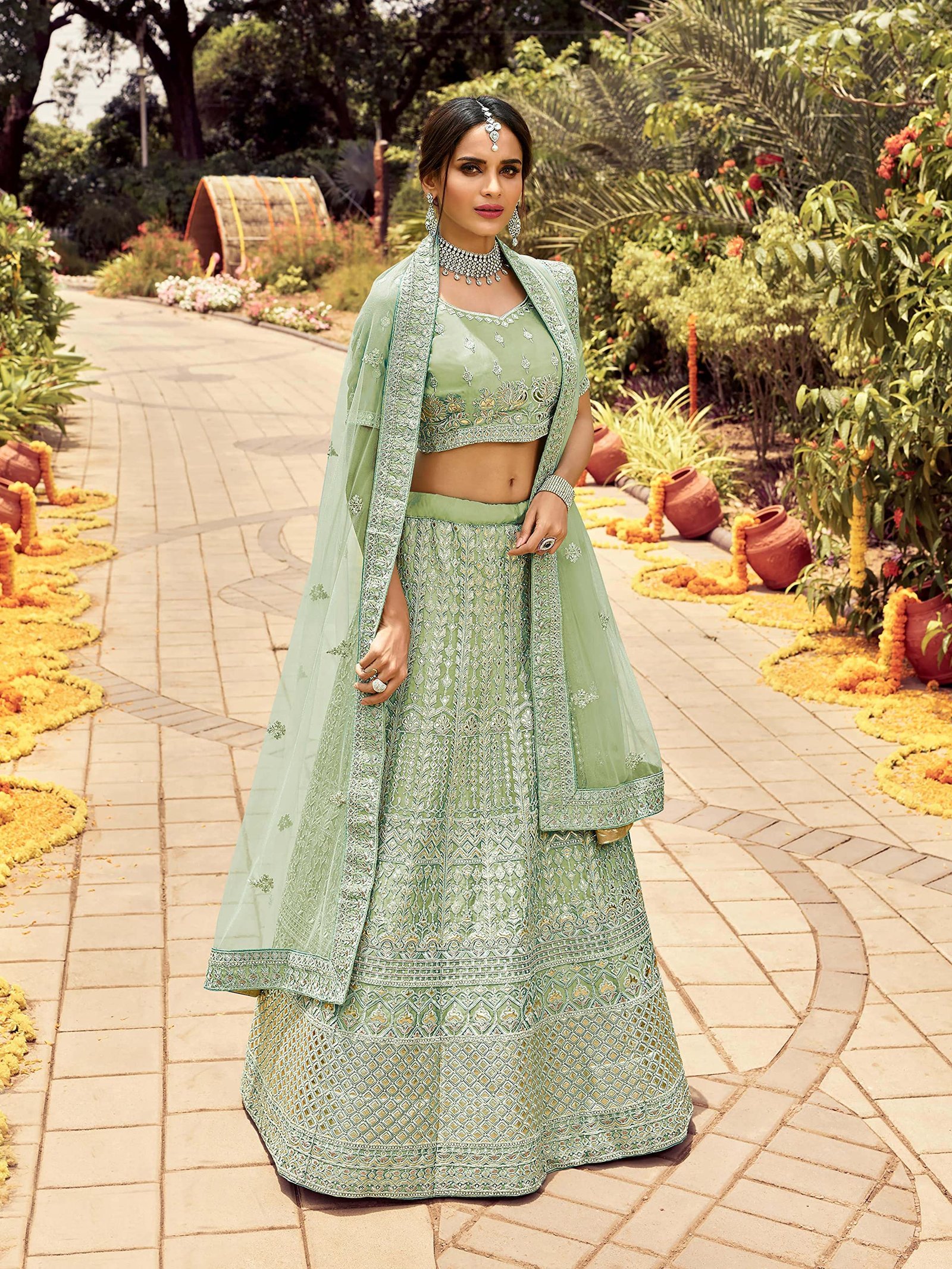 Pista Green Color Organza Fabric Stone And Gota Work Lehenga For Women