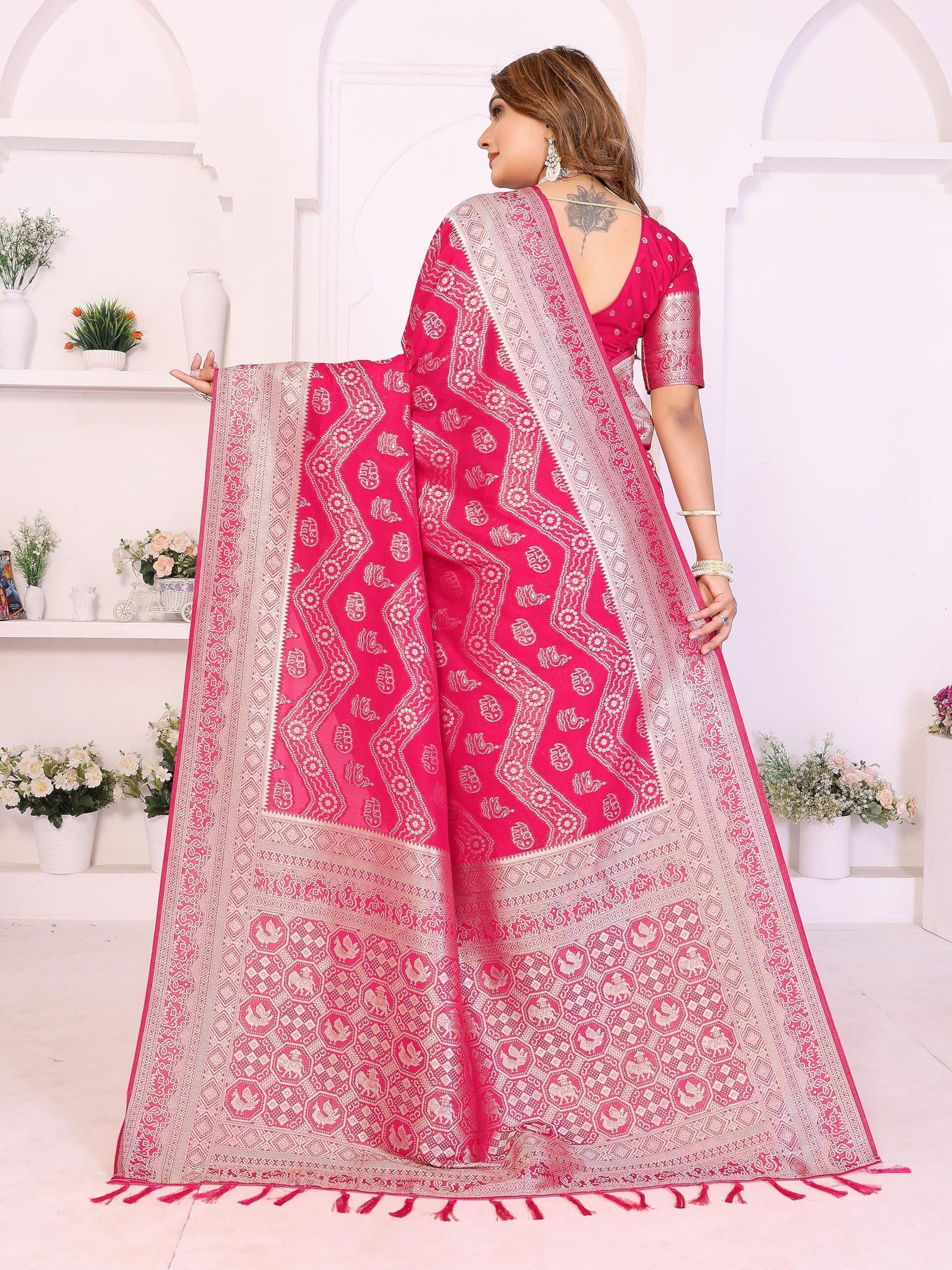 Women’s Rani Pink Magenta Banarasi Art Silk Saree Traditional Bandhani Print Sari with Silver Zari Border and Unstitched Blouse Piece with Unstitched Blouse (10)