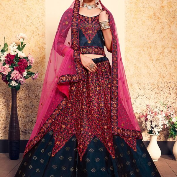 Marvelous pink and blue colored silk base lehenga choli For Women