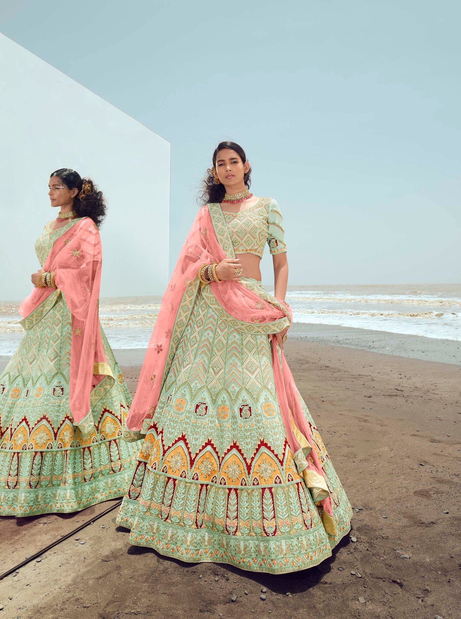 pista green organza resham and zarkan Work Lehenga Choli For Women