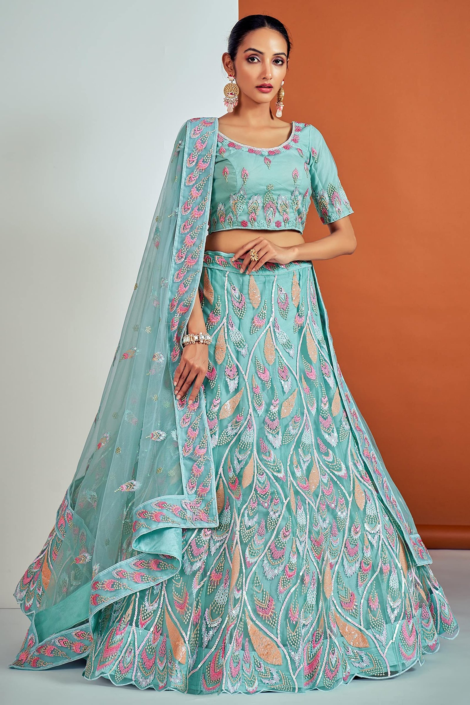 Women Net Lehenga Choli Semi-Stitched Turquoise Free Size