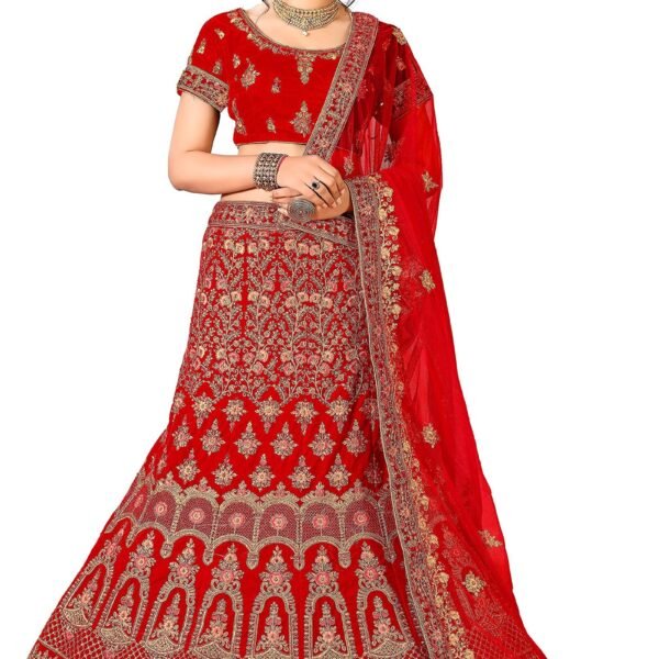 Women's Velvet Lehenga Choli (JNAT7245_Red_Free Size)