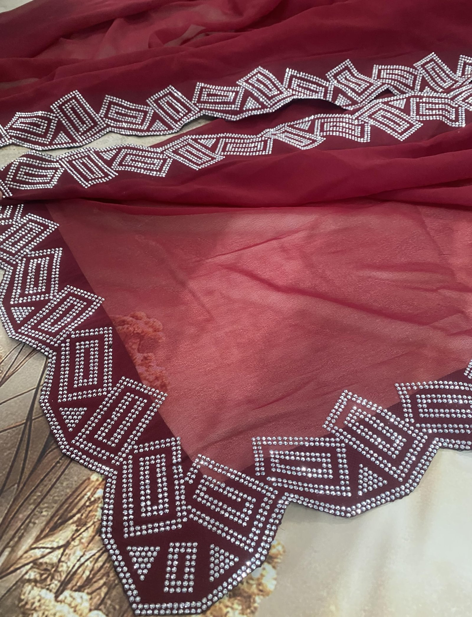 Dancing Threads georgette saree with heavy hotfix stone work on a fancy cutwork border designer sari for women festive saree for wedding (maroon) - Image 3