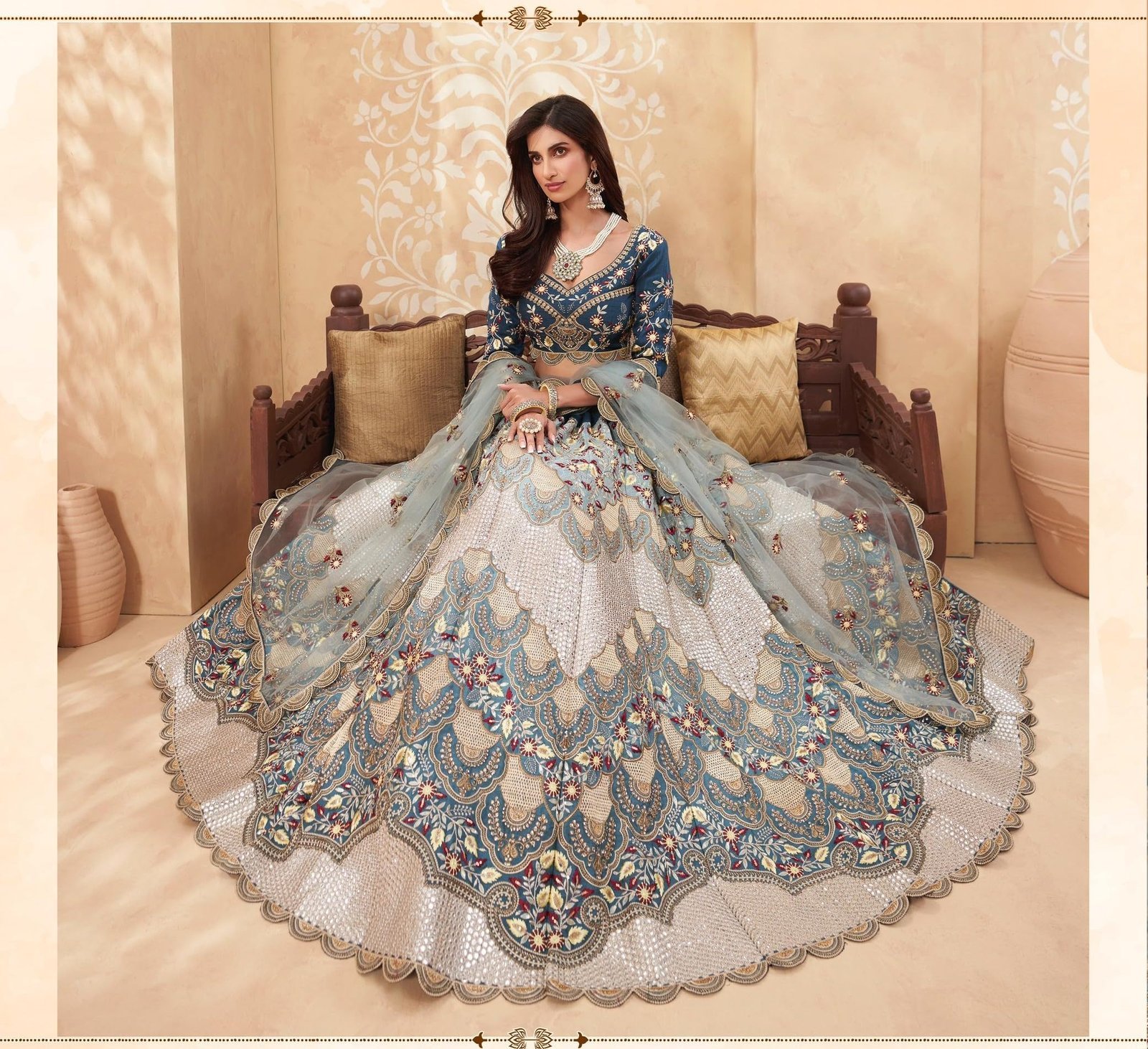 Designer Lehenga Choli with Net Dupatta, Blue and Grey Embroidered, Traditional dress for women and girls - Image 5