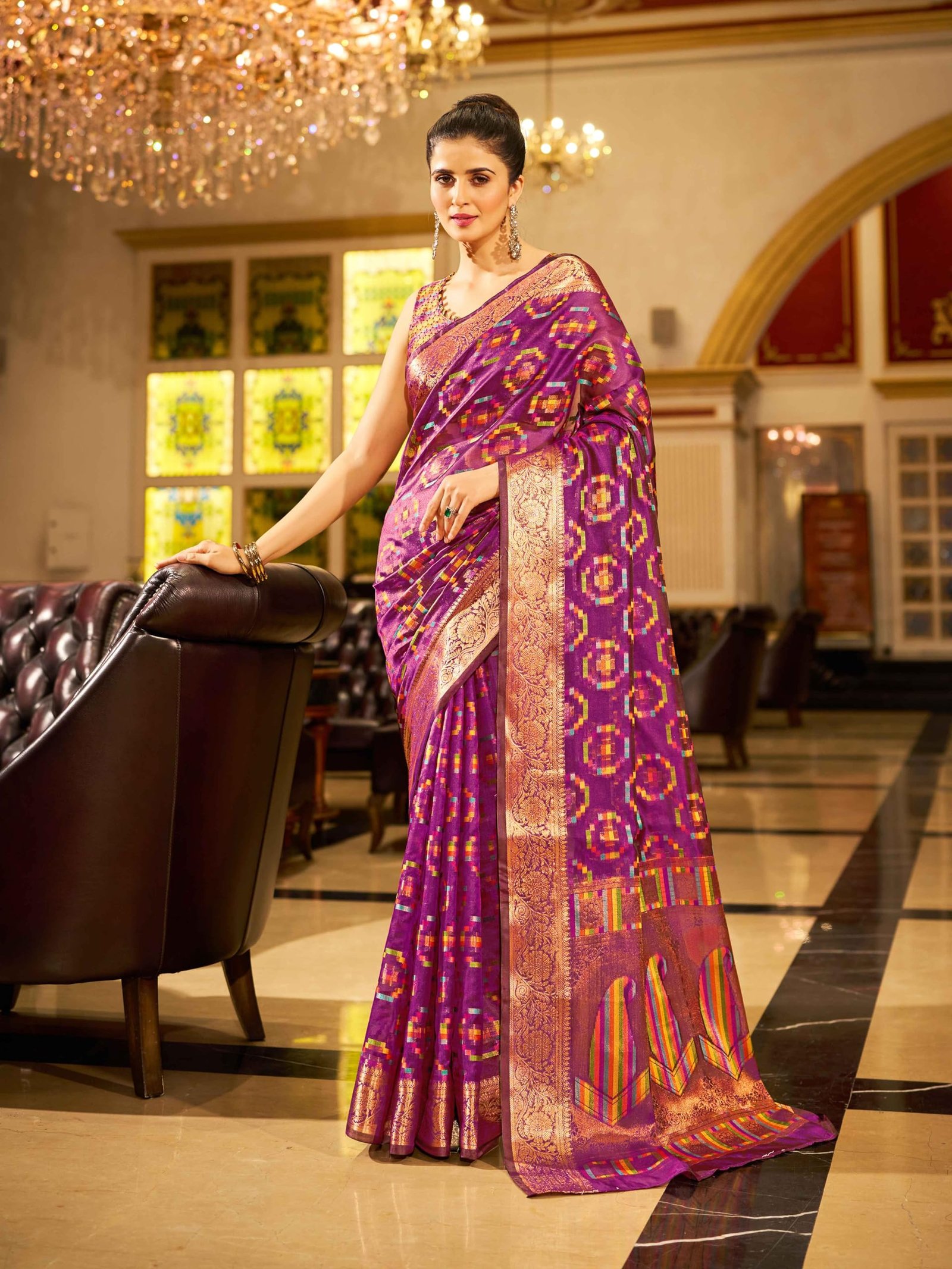 Women’s Kanjivaram Banarasi Silk Saree For Patola Festival Wedding Silk With Rich Pallu Design Sarees For Women With Blouse Piece, Purple