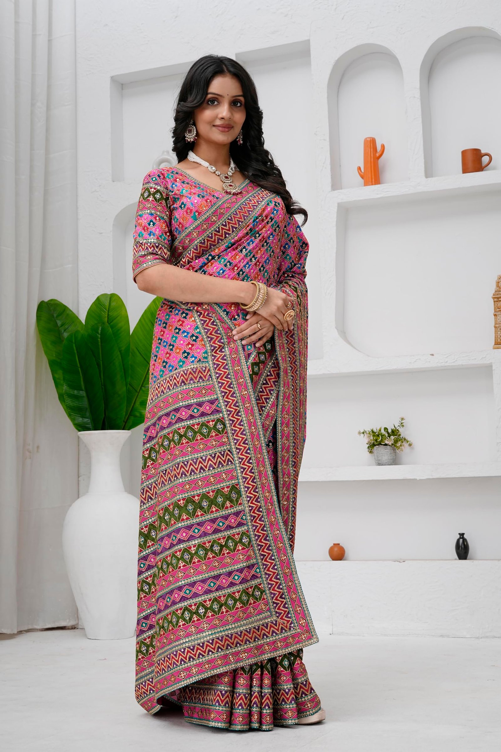 Women’s Heavy Embroidered Silk Saree with Stitched Blouse
