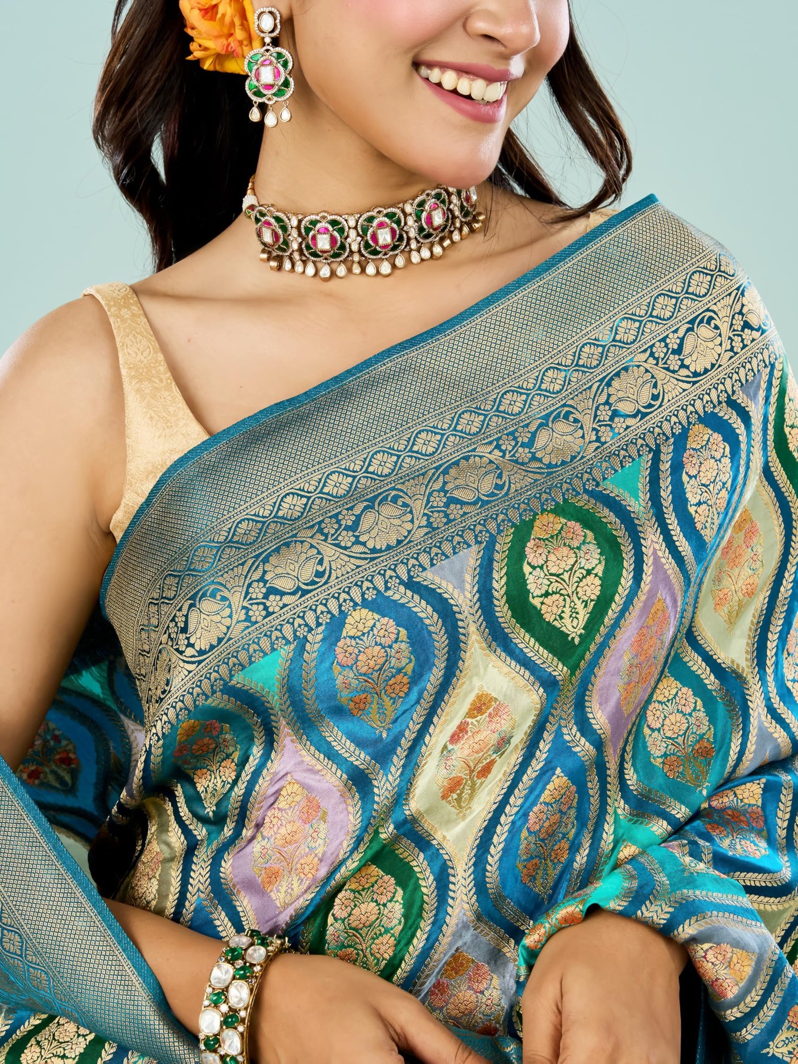 Women’ Art Silk Zari Weave Saree with Blouse Piece(Teal Blue)