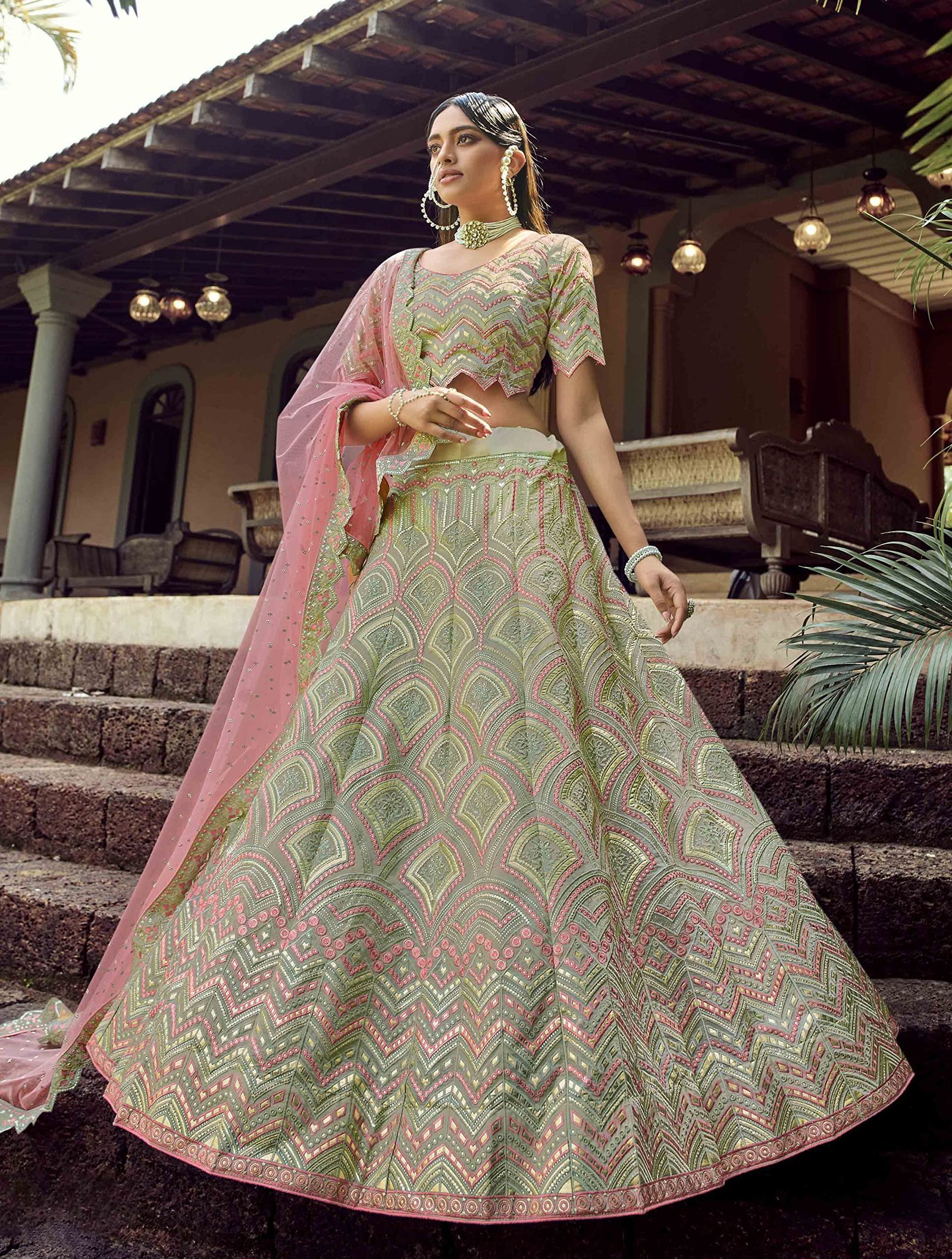 green colored gota worked organza base lehenga choli For Women