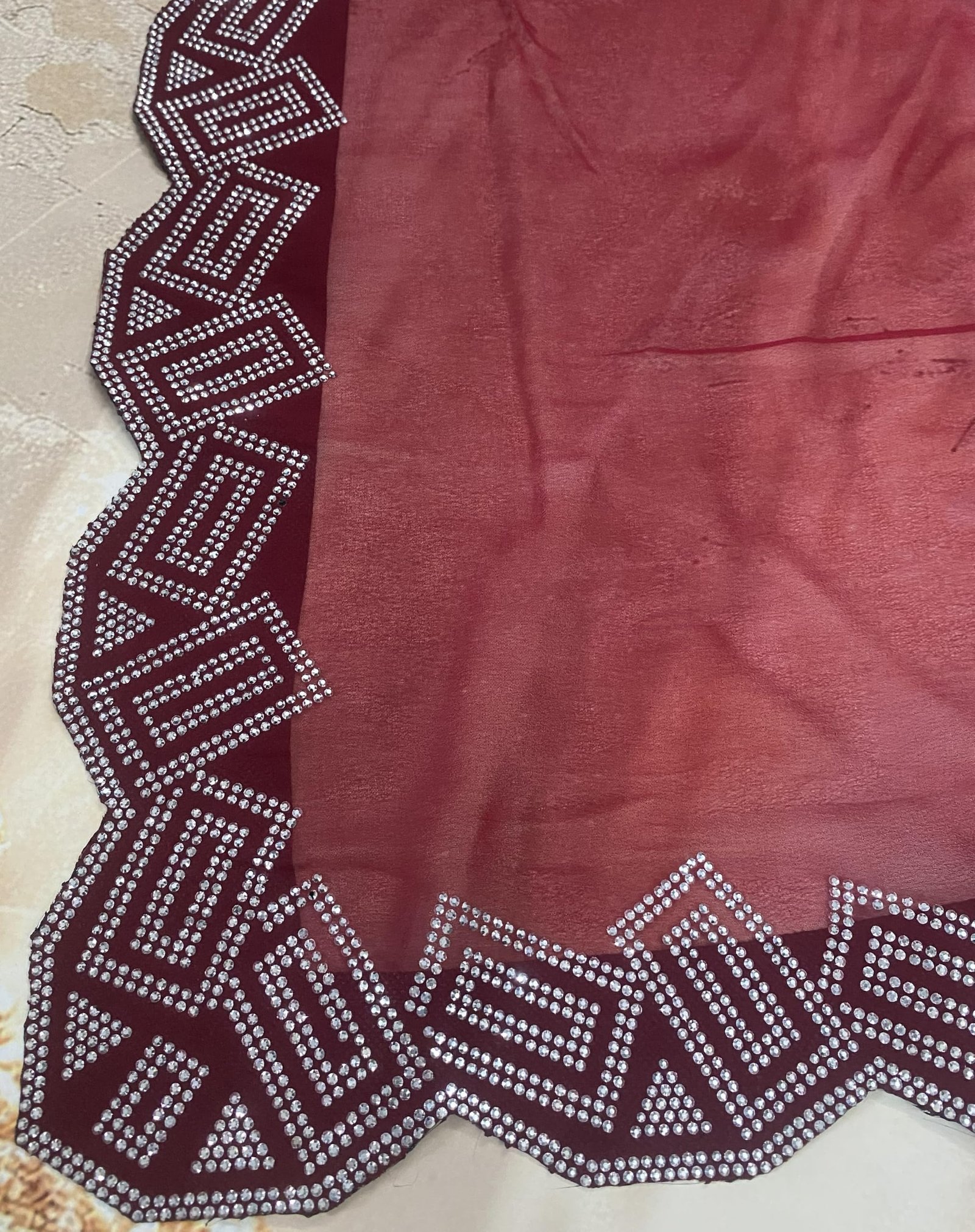 Dancing Threads georgette saree with heavy hotfix stone work on a fancy cutwork border designer sari for women festive saree for wedding (maroon) - Image 4