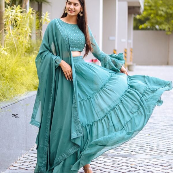 Lehenga Choli with Dupatta for Women - Georgette Sequence with Embroidered A-Line Regular Fit Lehenga Choli with Dupatta for Women (Small, Green)