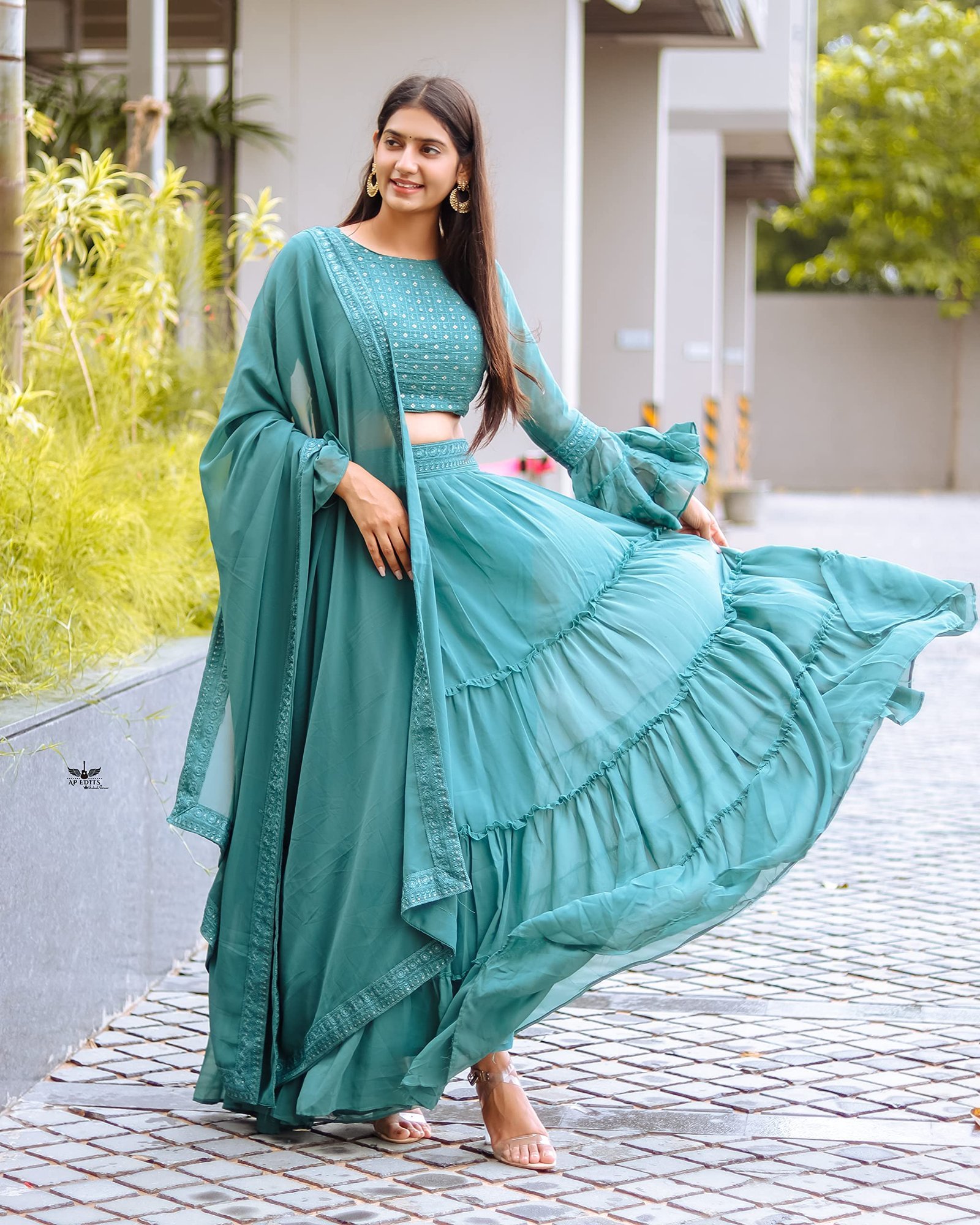 Lehenga Choli with Dupatta for Women - Georgette Sequence with Embroidered A-Line Regular Fit Lehenga Choli with Dupatta for Women (Small, Green)