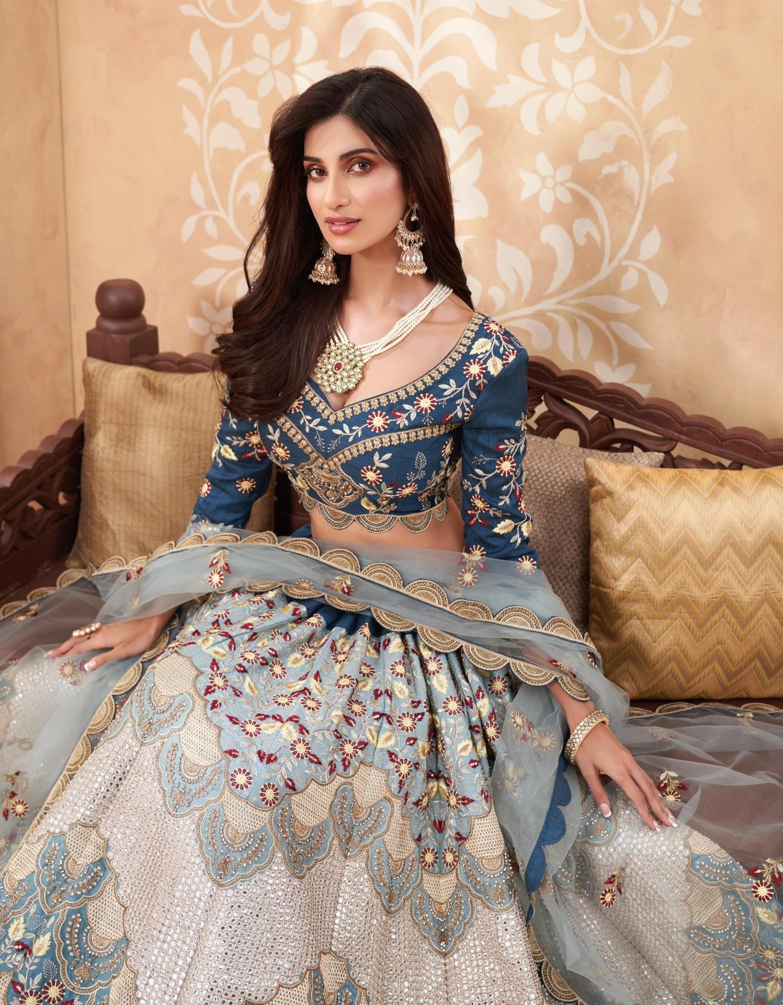 Designer Lehenga Choli with Net Dupatta, Blue and Grey Embroidered, Traditional dress for women and girls - Image 4